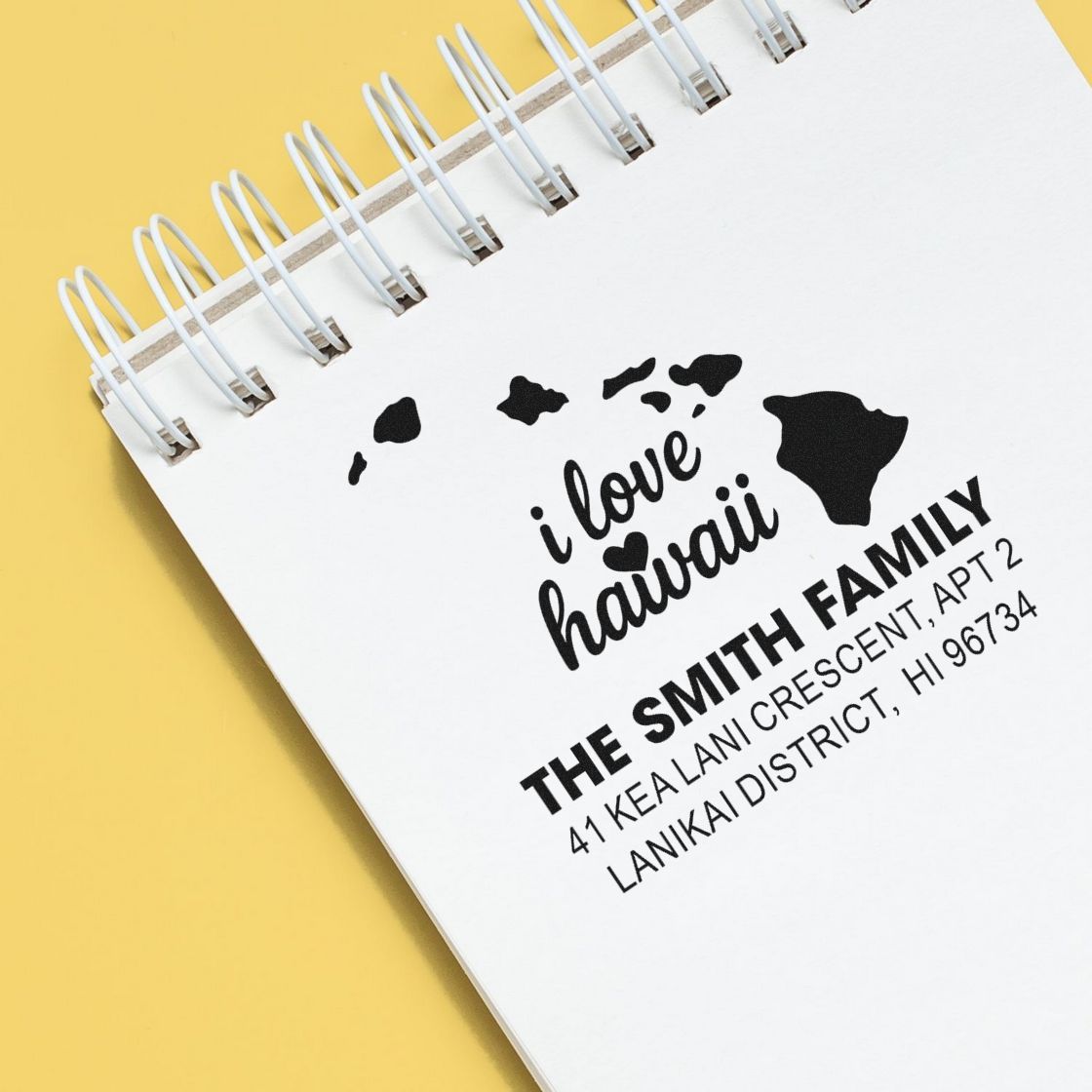 Personalized Hawaii family return address rubber stamp with I love Hawaii design on a notebook page