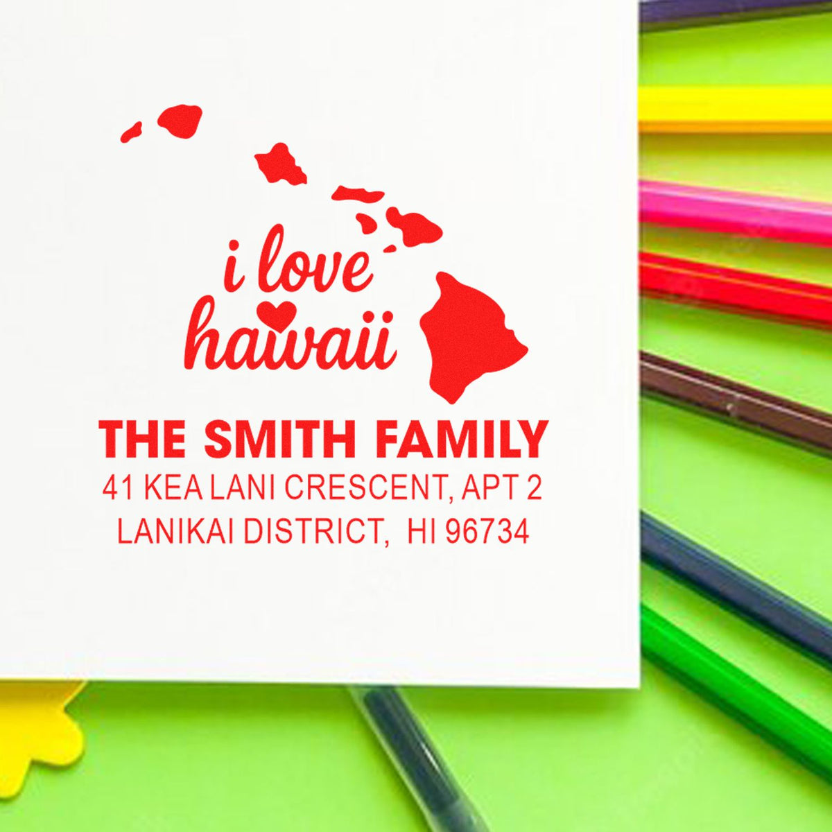 Custom Hawaii address rubber stamp for The Smith Family with I love Hawaii map design