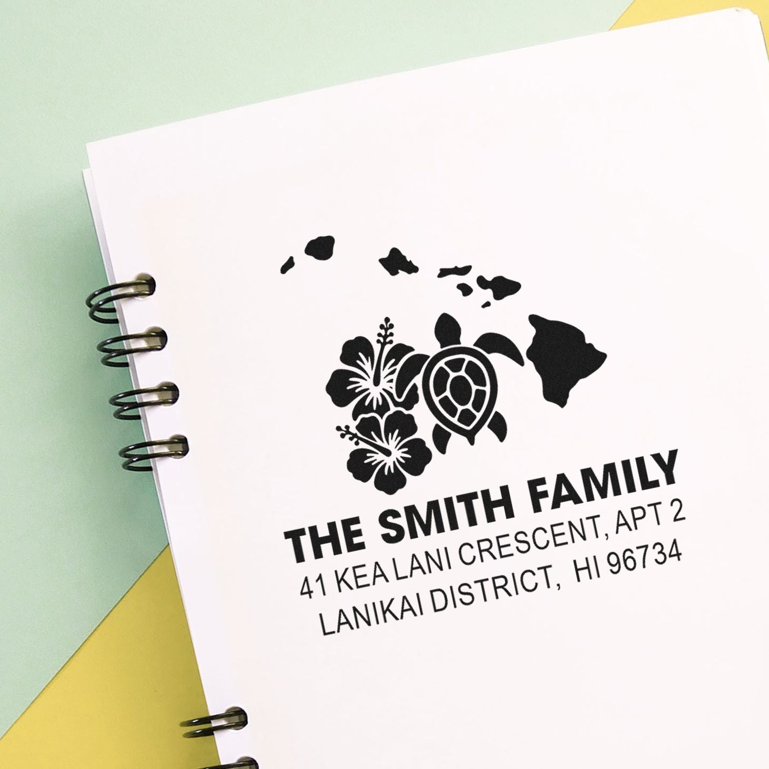 Custom Hawaii return address rubber stamp for the Smith family with turtle, hibiscus, and island map design.