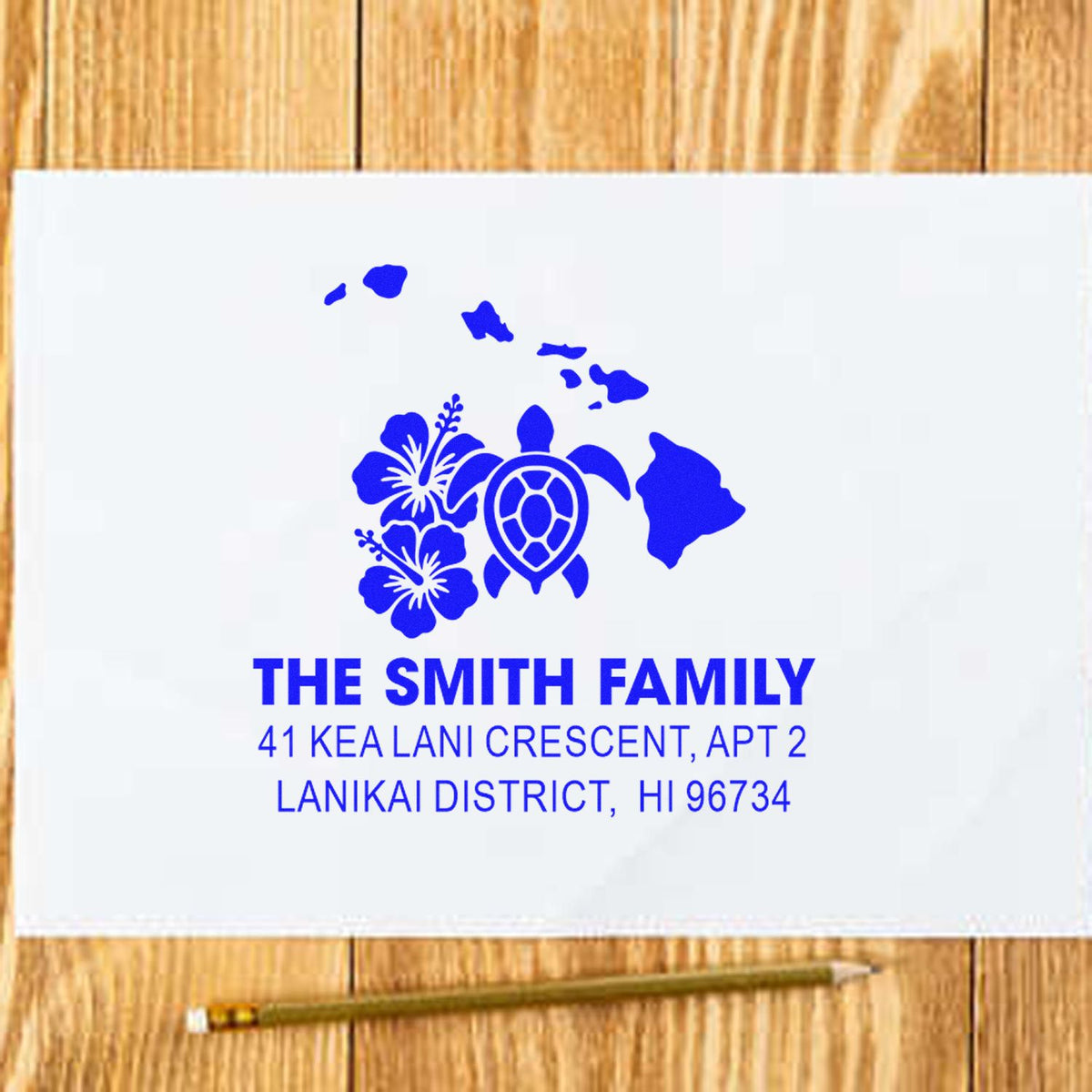 Custom Hawaii return address rubber stamp with turtle, hibiscus and island design for The Smith Family mailing labels.