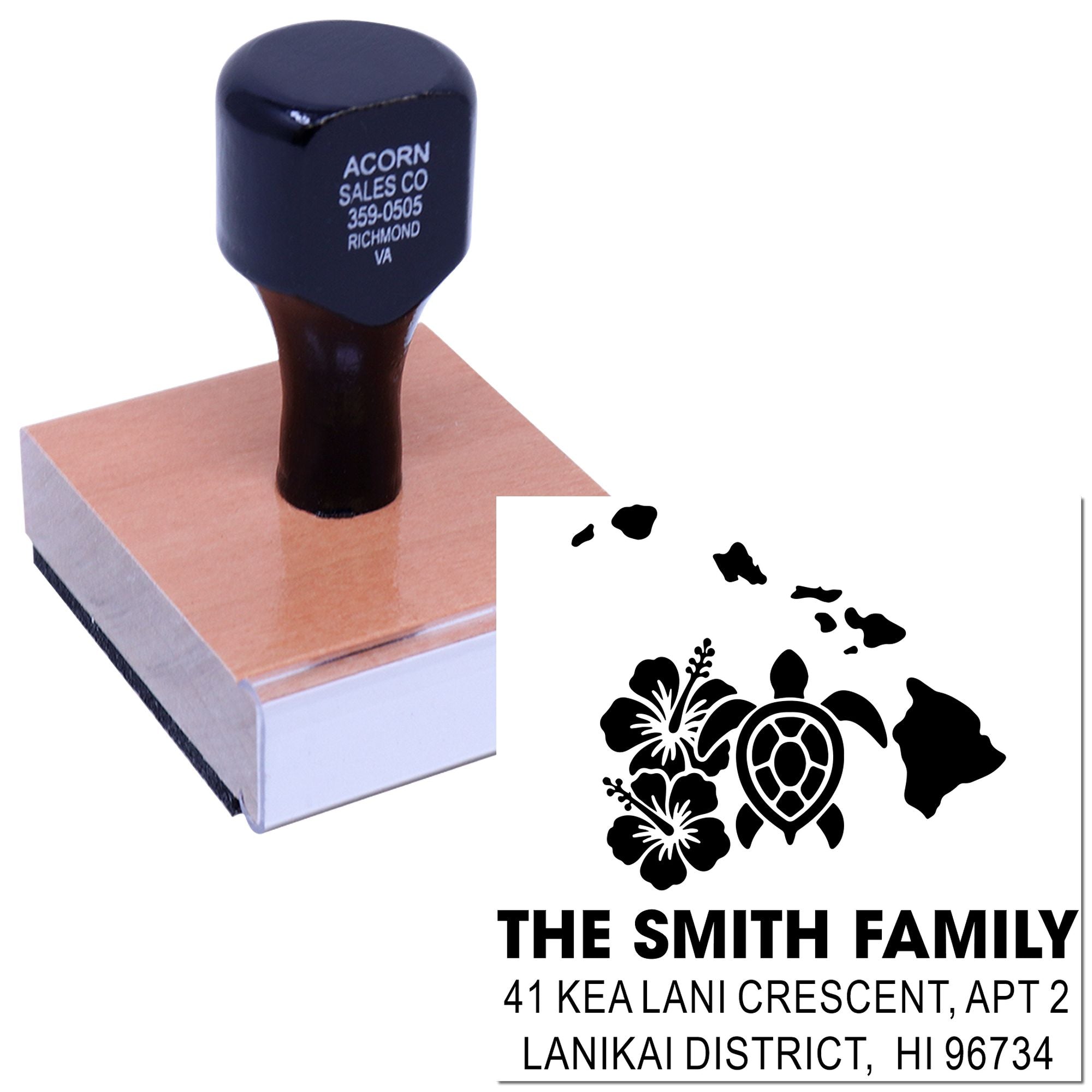 Custom rubber return address stamp with Hawaiian turtle and hibiscus design for The Smith Family, Lanikai District, HI.