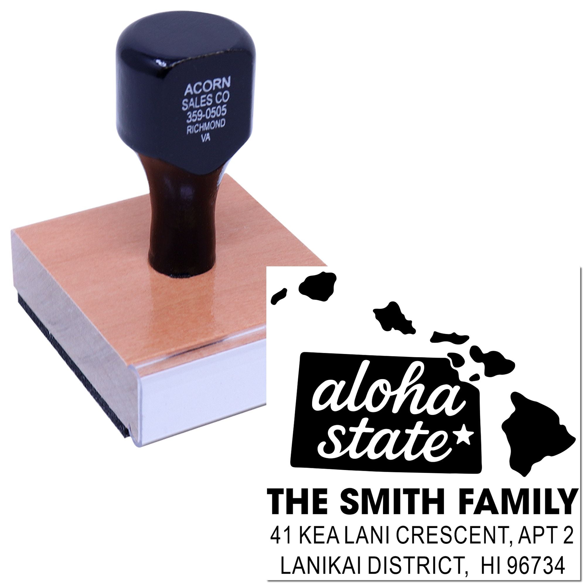 Personalized self-inking Hawaii address rubber stamp with Aloha State design for The Smith Family envelopes and mailing labels