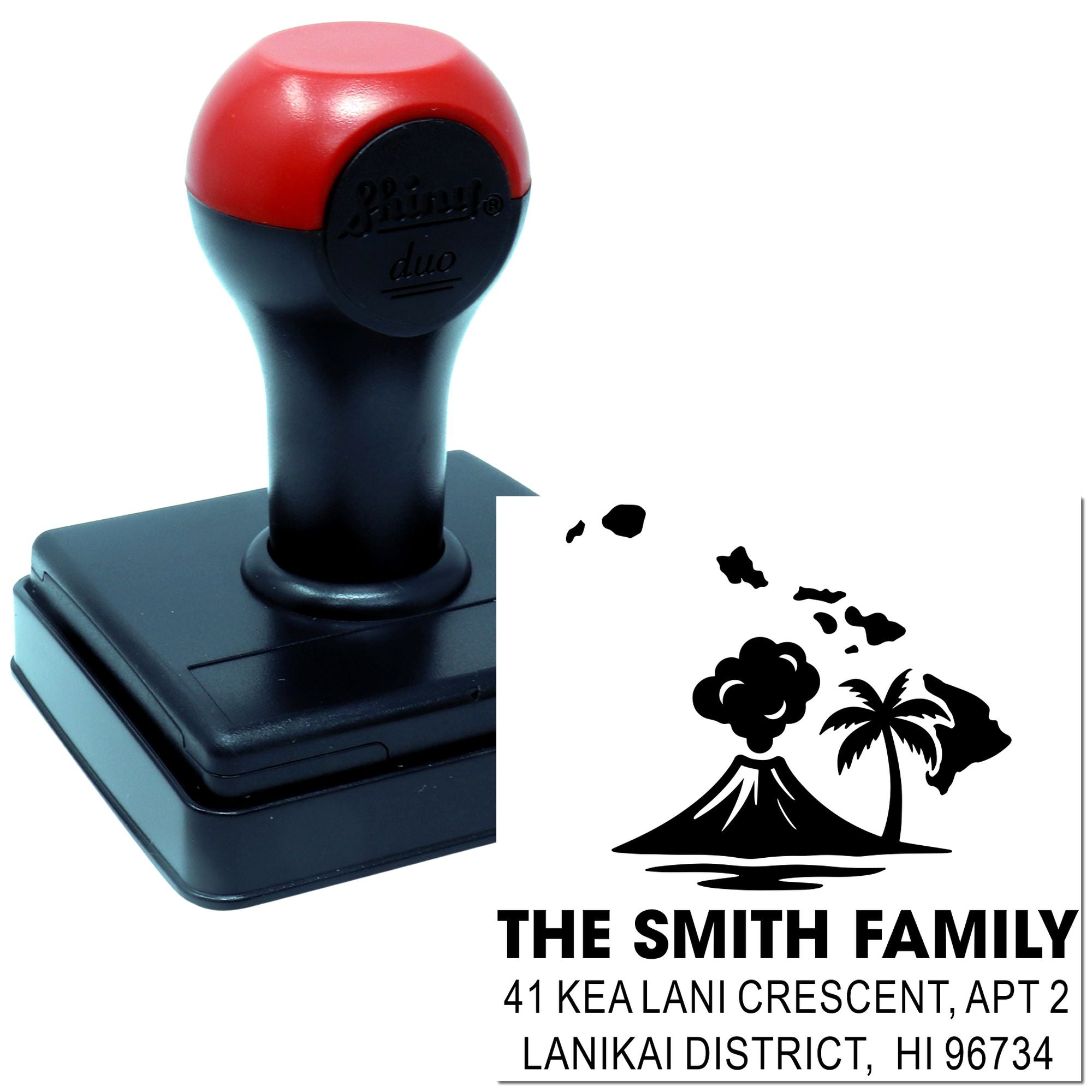 Personalized self-inking rubber return address stamp with Hawaii family name and island design