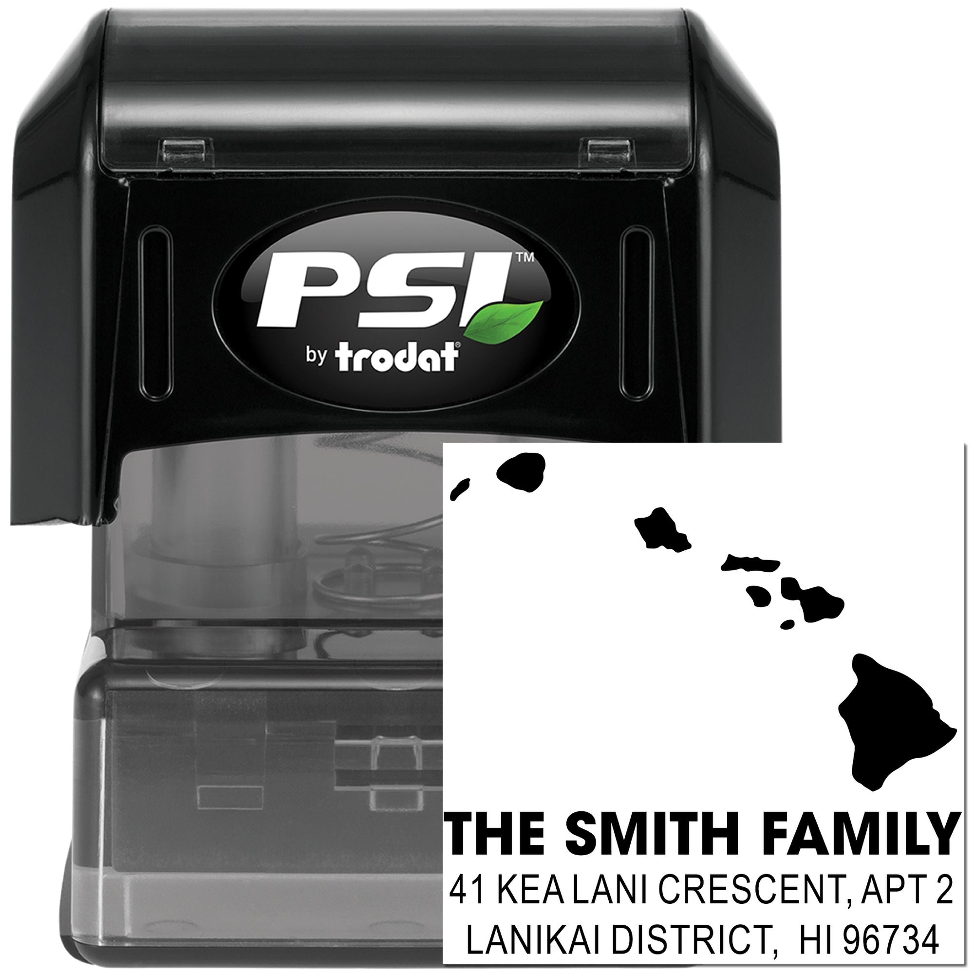 Custom Hawaii address rubber stamp by PSI Trodat for The Smith Family, featuring a return address in Lanikai District, HI.