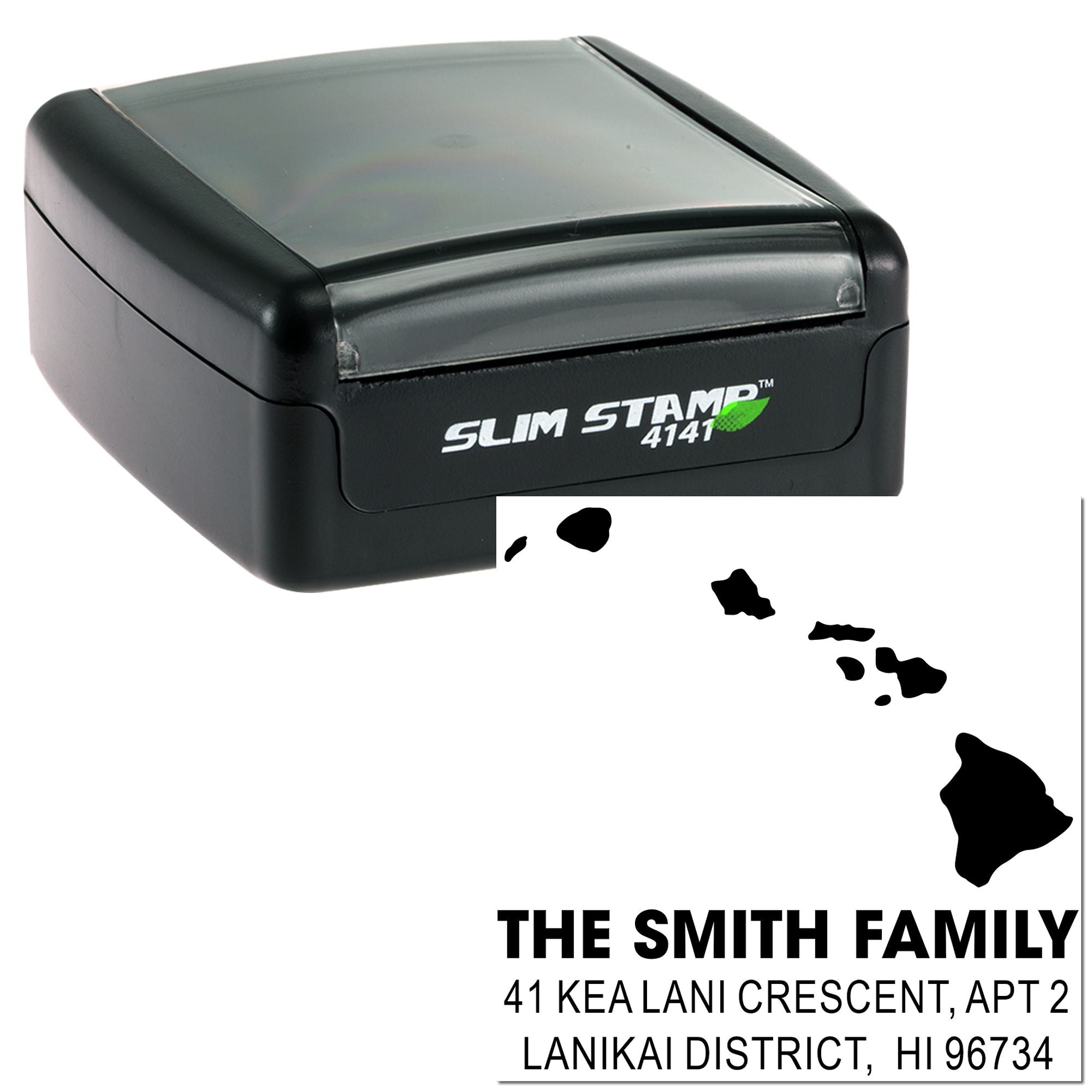 Custom Hawaii return address rubber stamp, Slim Stamp 4141 self-inking, with family name, island map and mailing address.