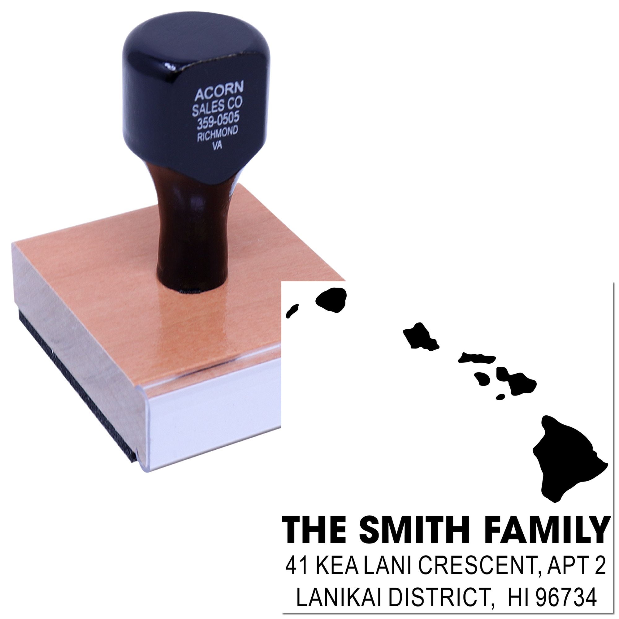 Custom return address rubber stamp with Hawaii map and family name for personalized mailing and address labeling.