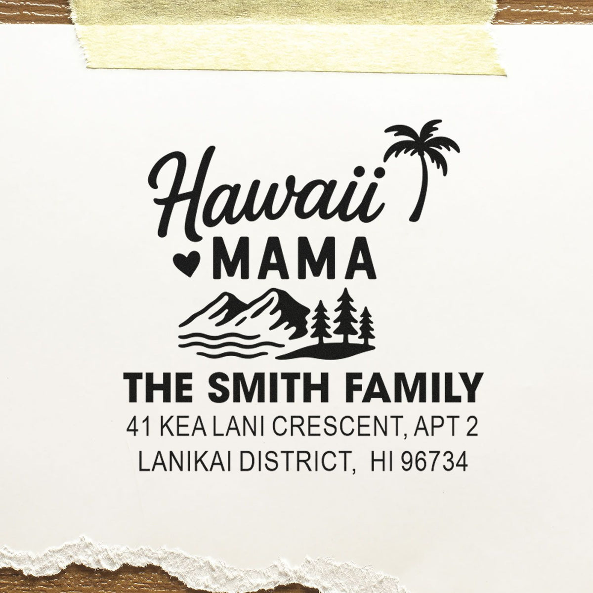 Custom Hawaii Mama return address rubber stamp for The Smith Family, with palm tree, mountains, and Lanikai, HI address.