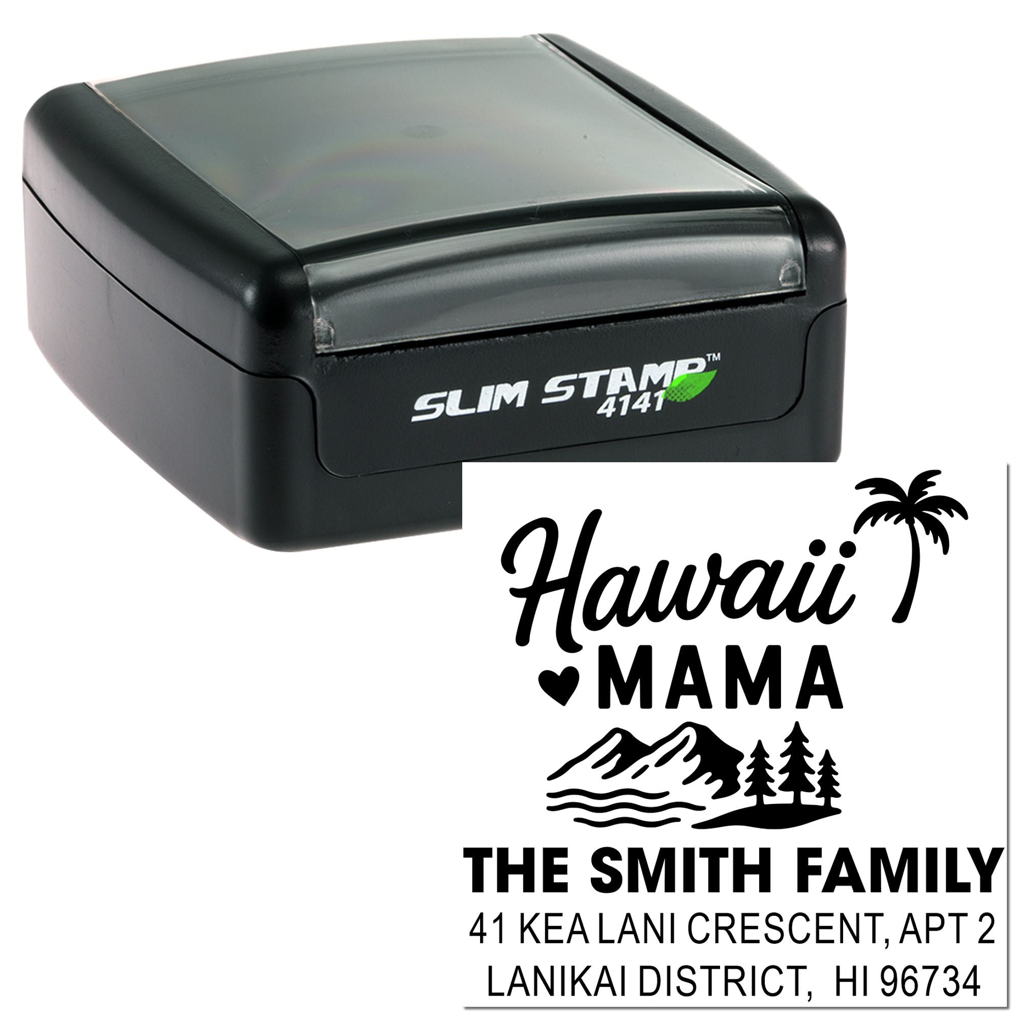 Custom self-inking rubber stamp with Hawaii Mama design and family return address for personalized mail and packaging.