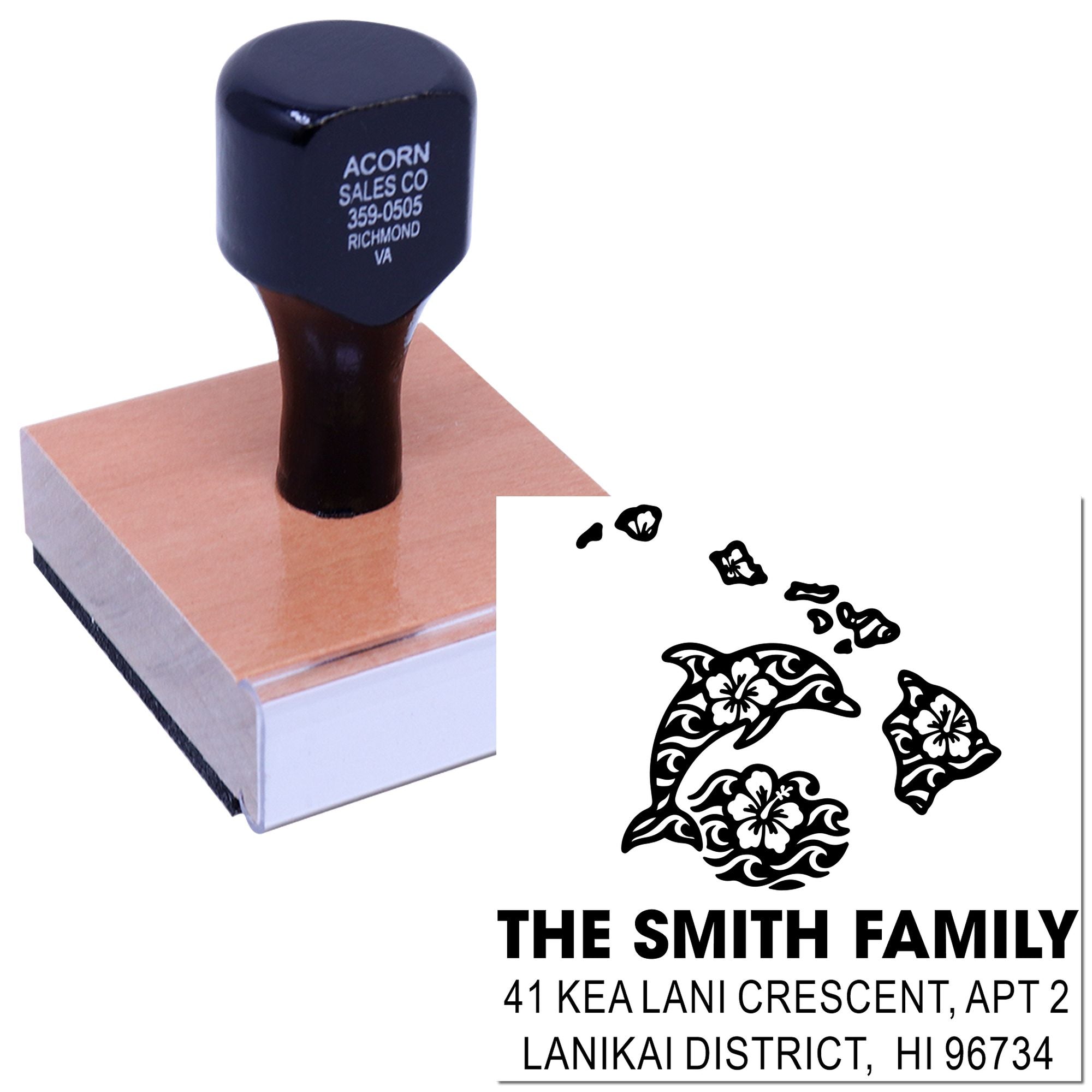 Personalized address rubber stamp with dolphin family design for custom return mailing labels.