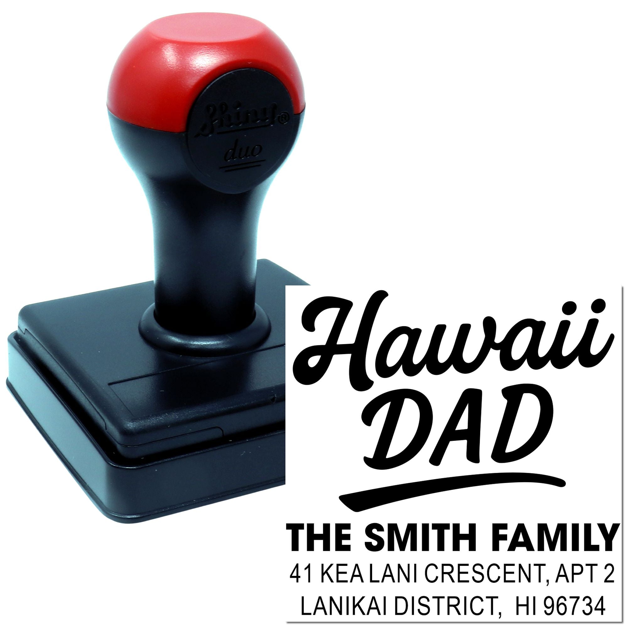 Custom self-inking rubber stamp with Hawaii Dad design and personalized family address for envelopes and mail.