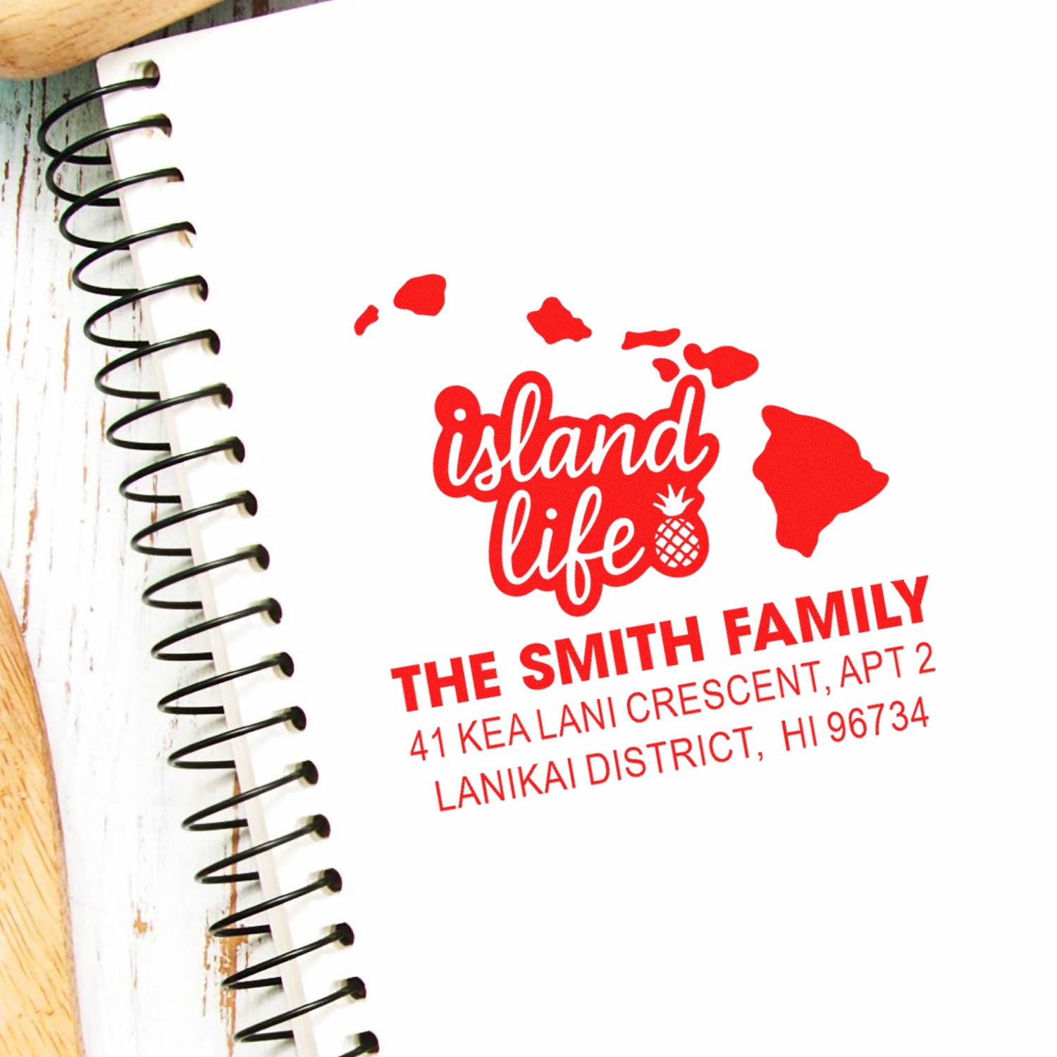 Personalized Hawaii island life return address rubber stamp for family stationery, notebooks, and mail.