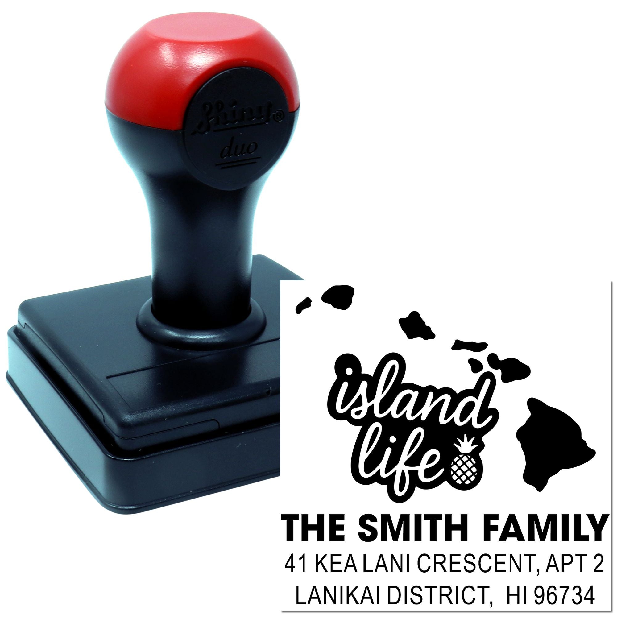 Custom self-inking rubber stamp with Hawaii island life design and Smith family return address for envelopes.
