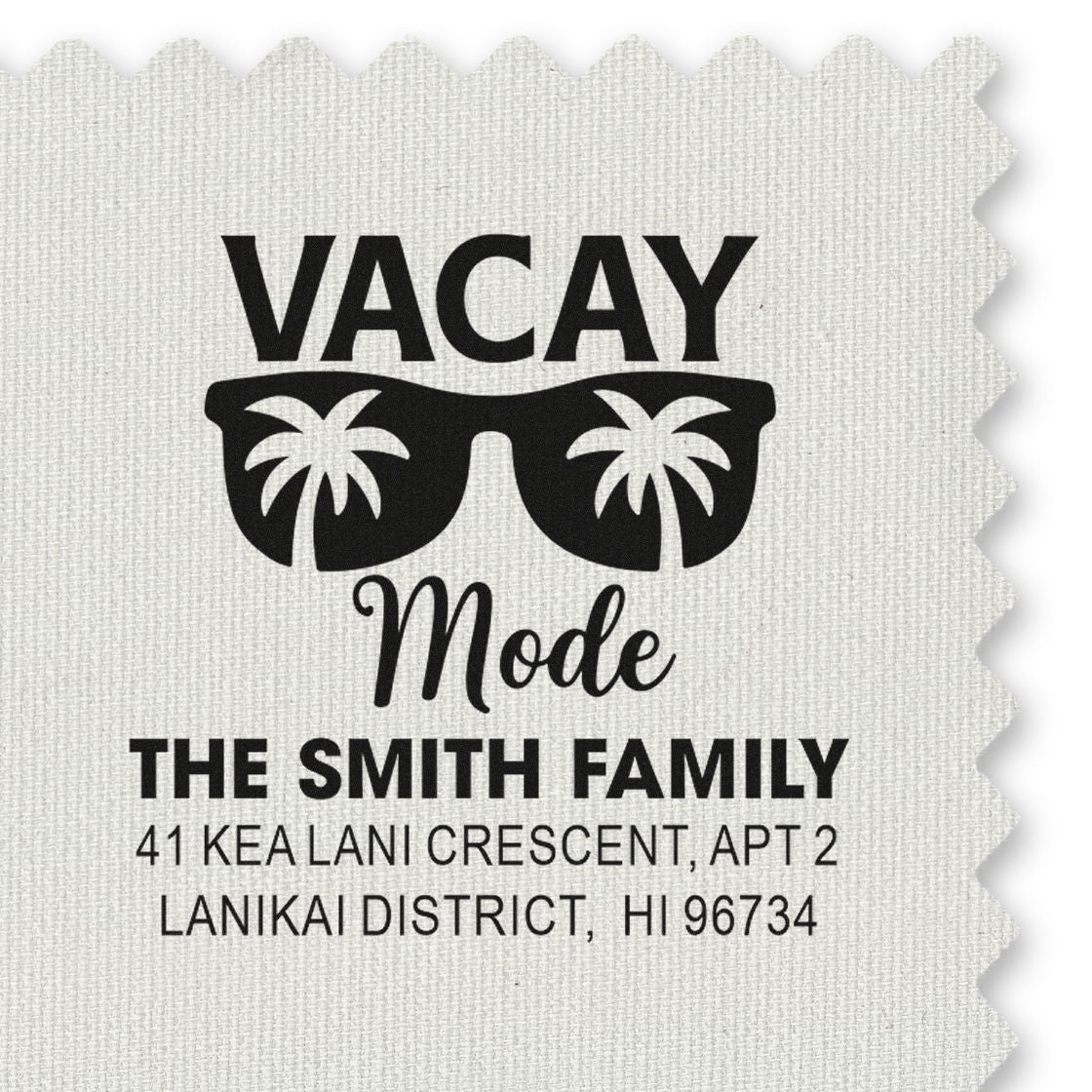 Personalized vacation mode address rubber stamp for The Smith Family with palm tree sunglasses.