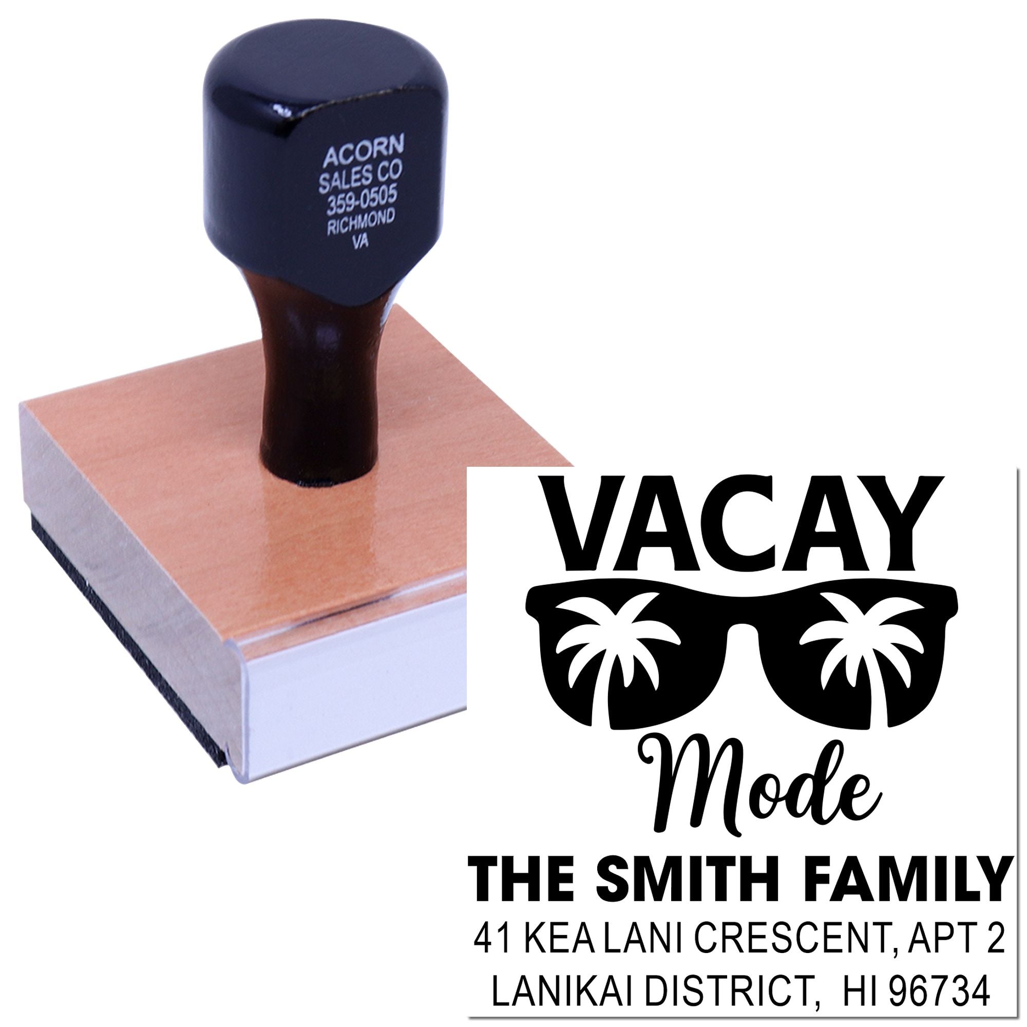 Custom address rubber stamp with Vacay Mode palm tree design for The Smith Family, ideal for personalized mailing and holiday cards.