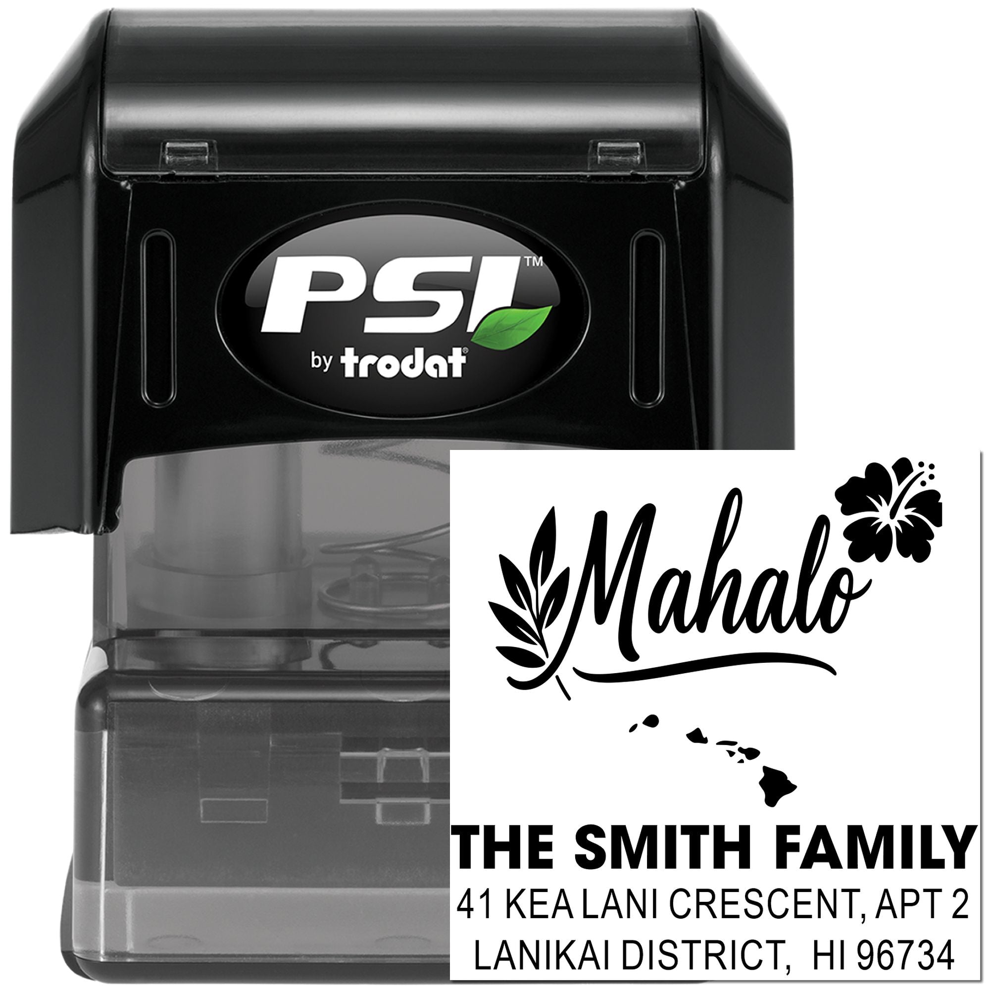 Custom self-inking return address rubber stamp with Hawaii Mahalo design for The Smith Family.