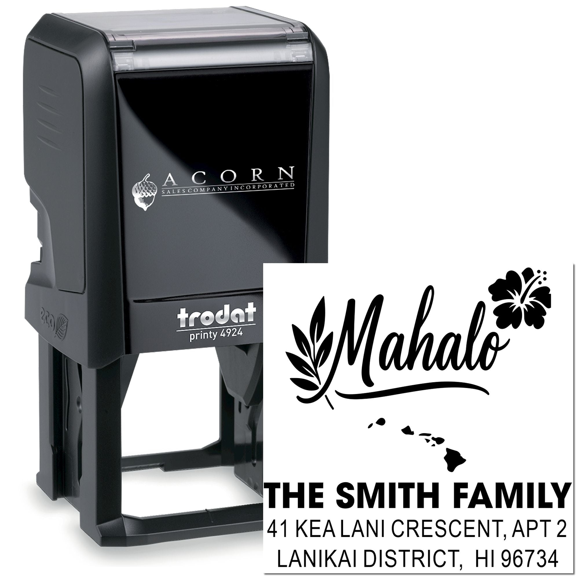 Custom self-inking address rubber stamp with Mahalo design for The Smith Family, Lanikai District, HI 96734