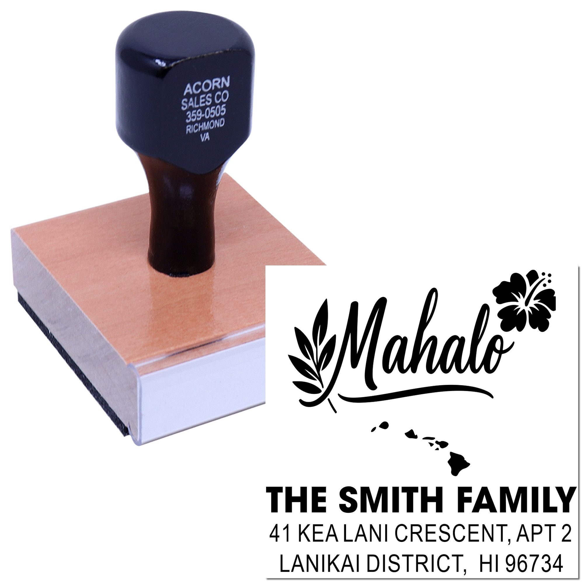 Custom Mahalo return address rubber stamp with The Smith Family name and Hawaiian island design.