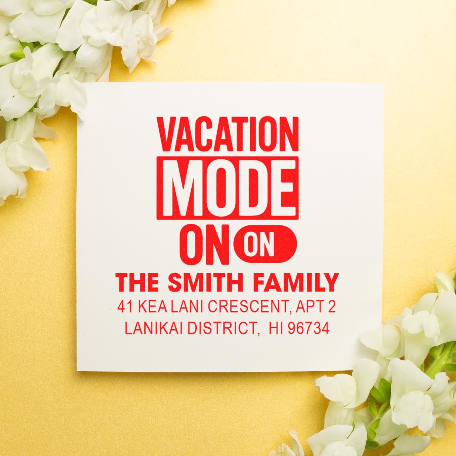 Custom address rubber stamp for The Smith Family with Vacation Mode On text, ideal for holiday mail and travel notices.