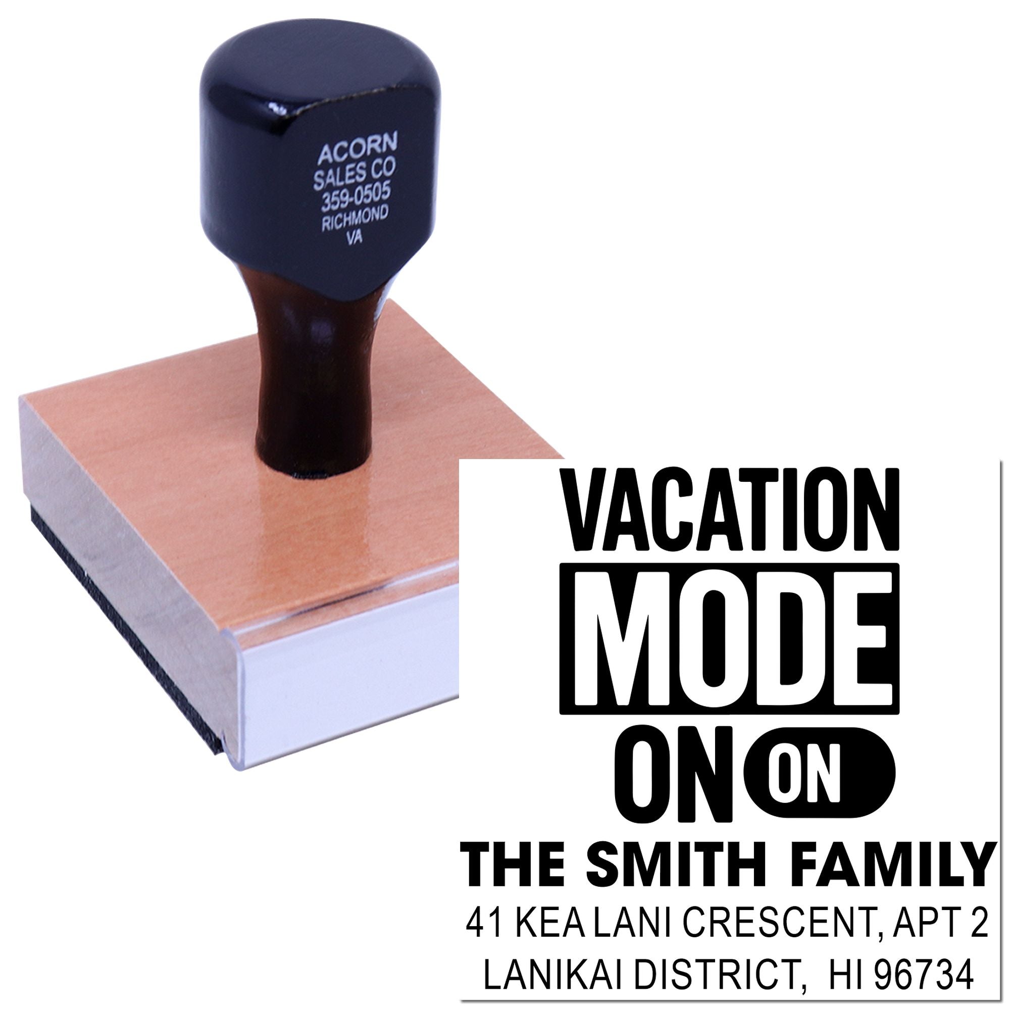 Custom rubber stamp with vacation mode message and Smith Family return address for mail, envelopes, and package forwarding.
