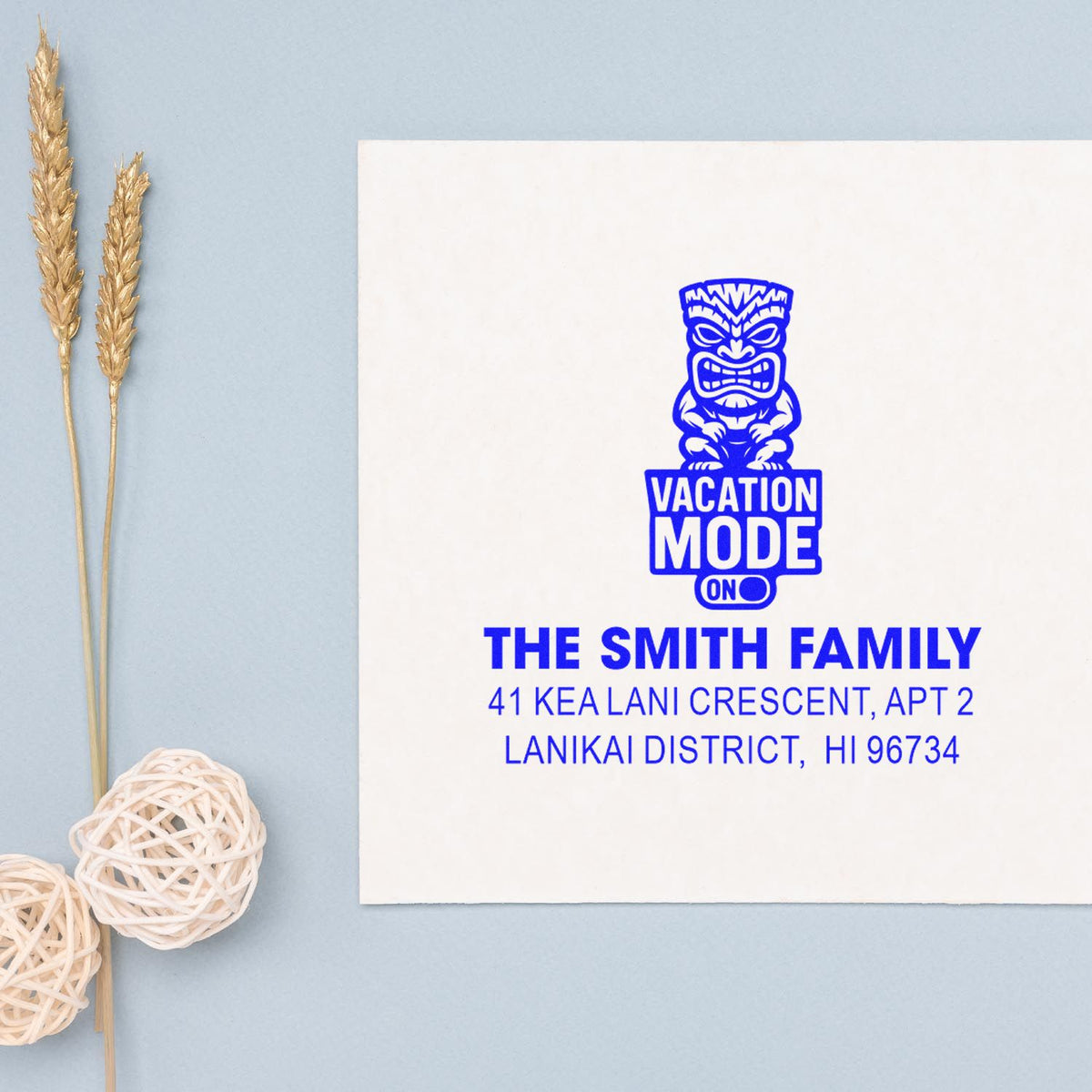 Custom personalized return address rubber stamp with Vacation Mode On tiki design for The Smith Family.