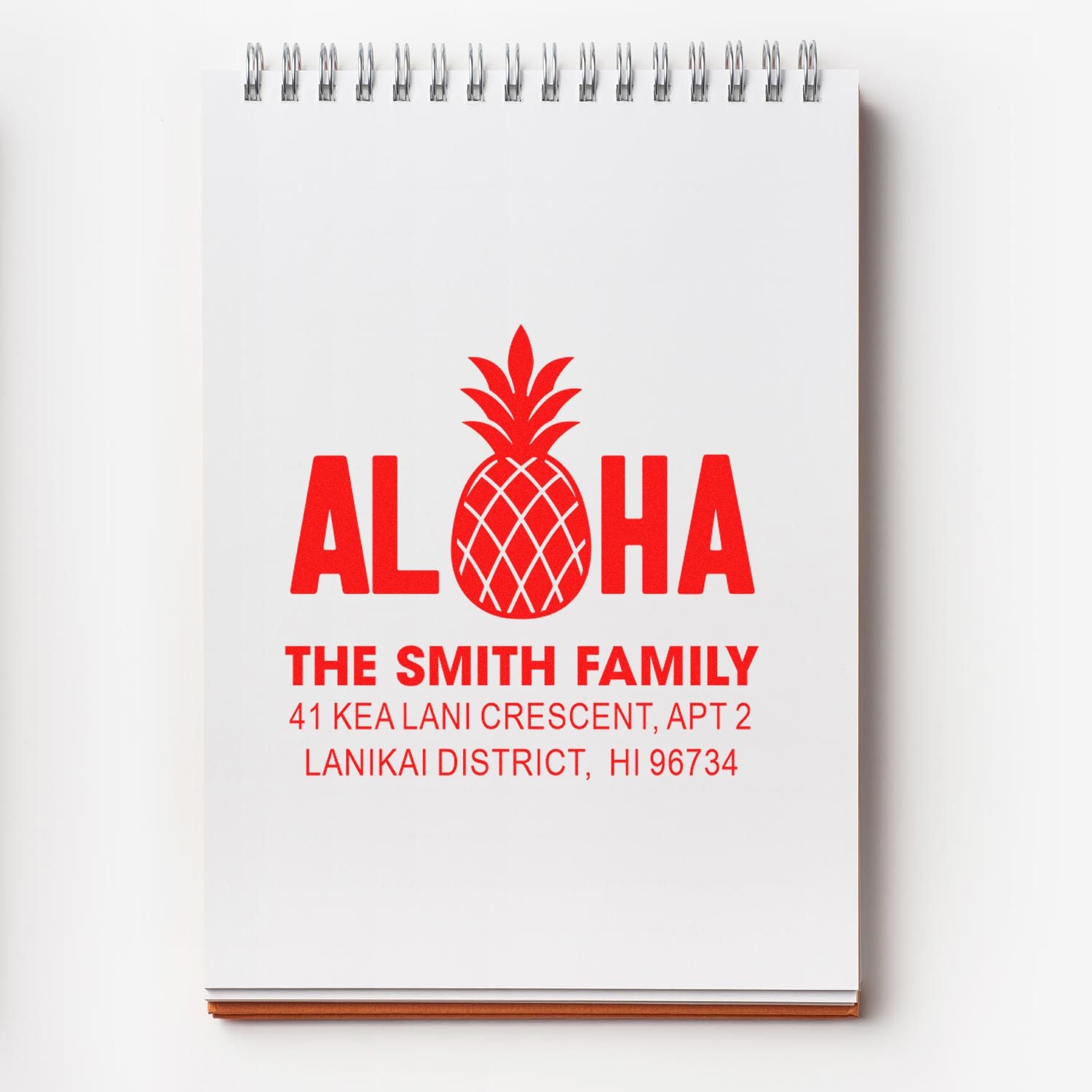 Custom Aloha pineapple address rubber stamp for The Smith Family, Lanikai District, HI, for personalized mail.