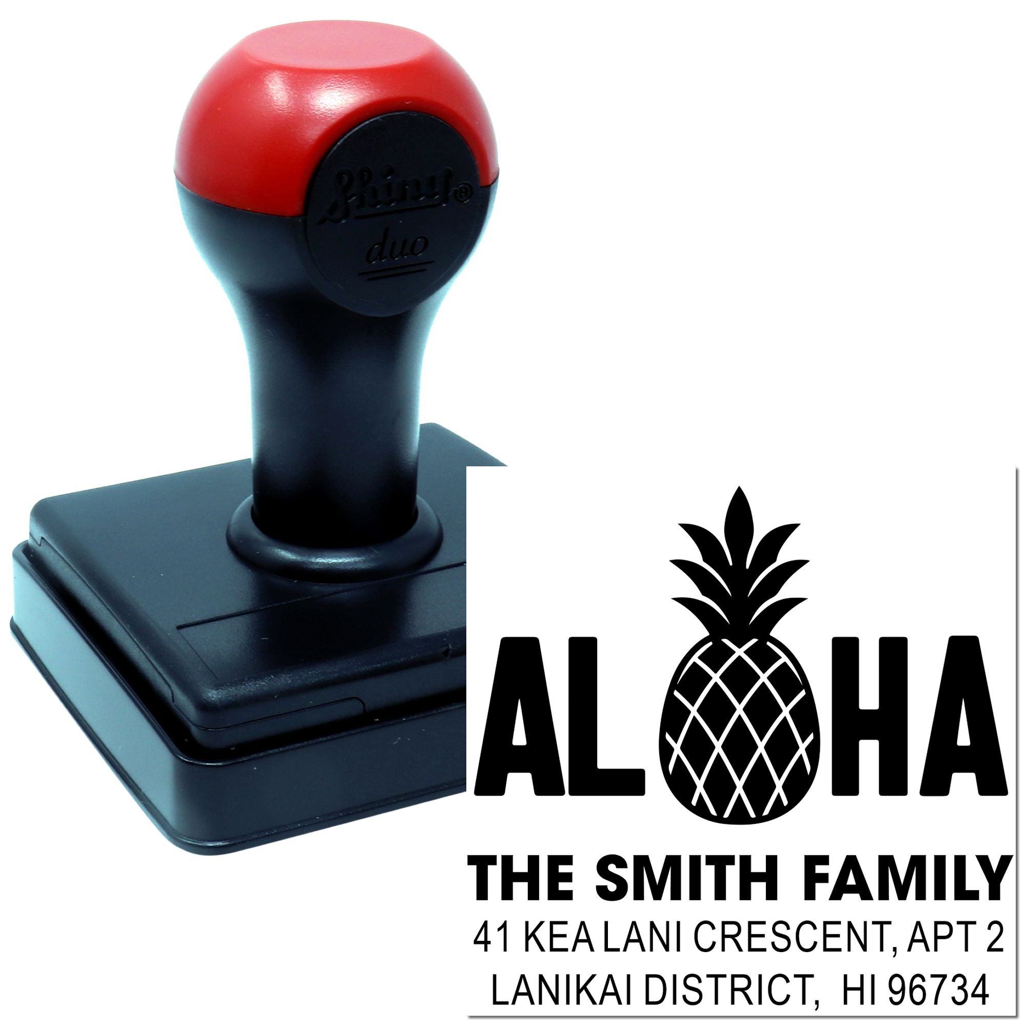 Custom address rubber stamp with pineapple Aloha design, self-inking stamp for Smith Family return address in Lanikai, HI.
