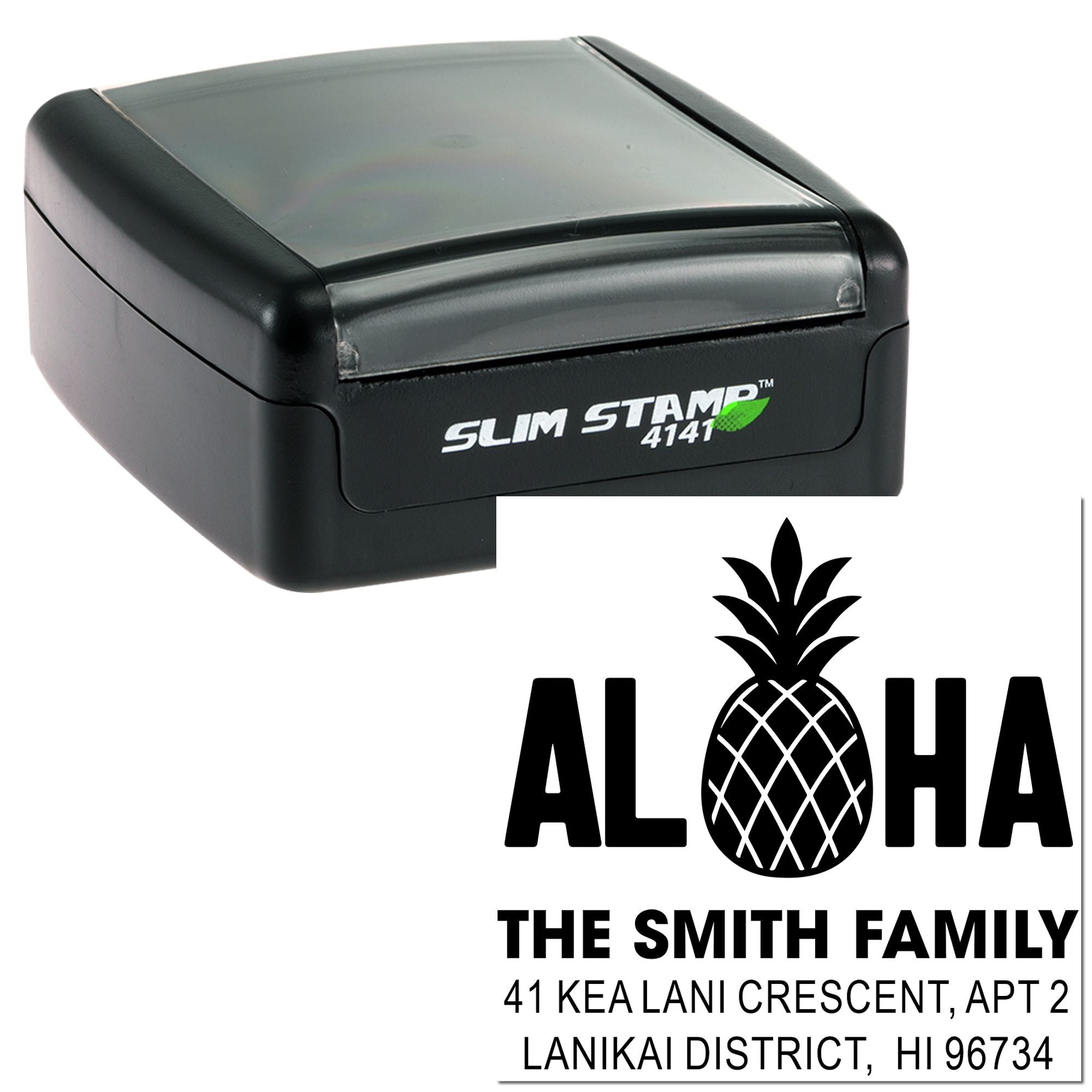 Custom self-inking rubber stamp with Aloha pineapple design and Smith family address for Hawaii mailing labels.