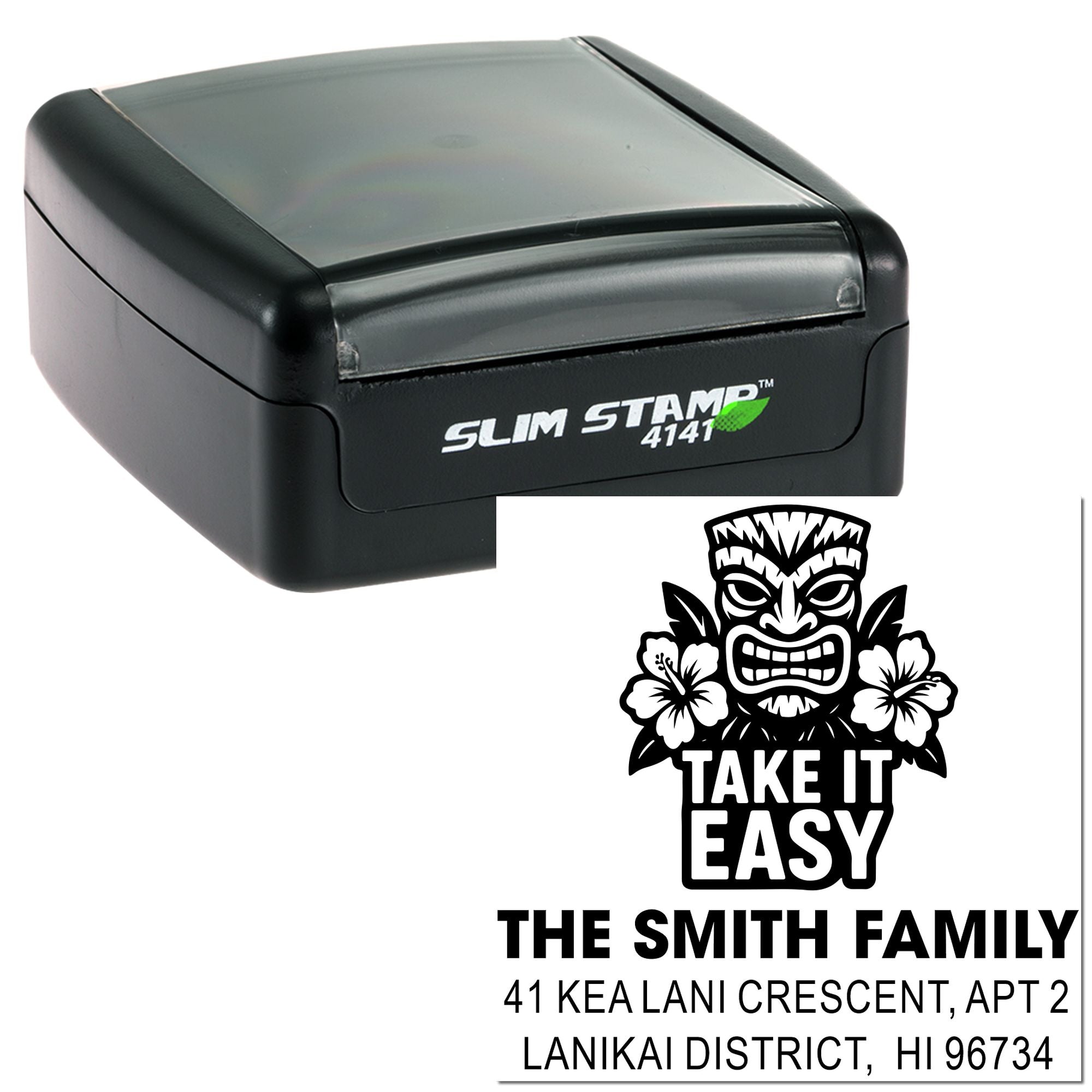 Slim Stamp 4141 self-inking rubber address stamp with custom tiki design for The Smith Family.