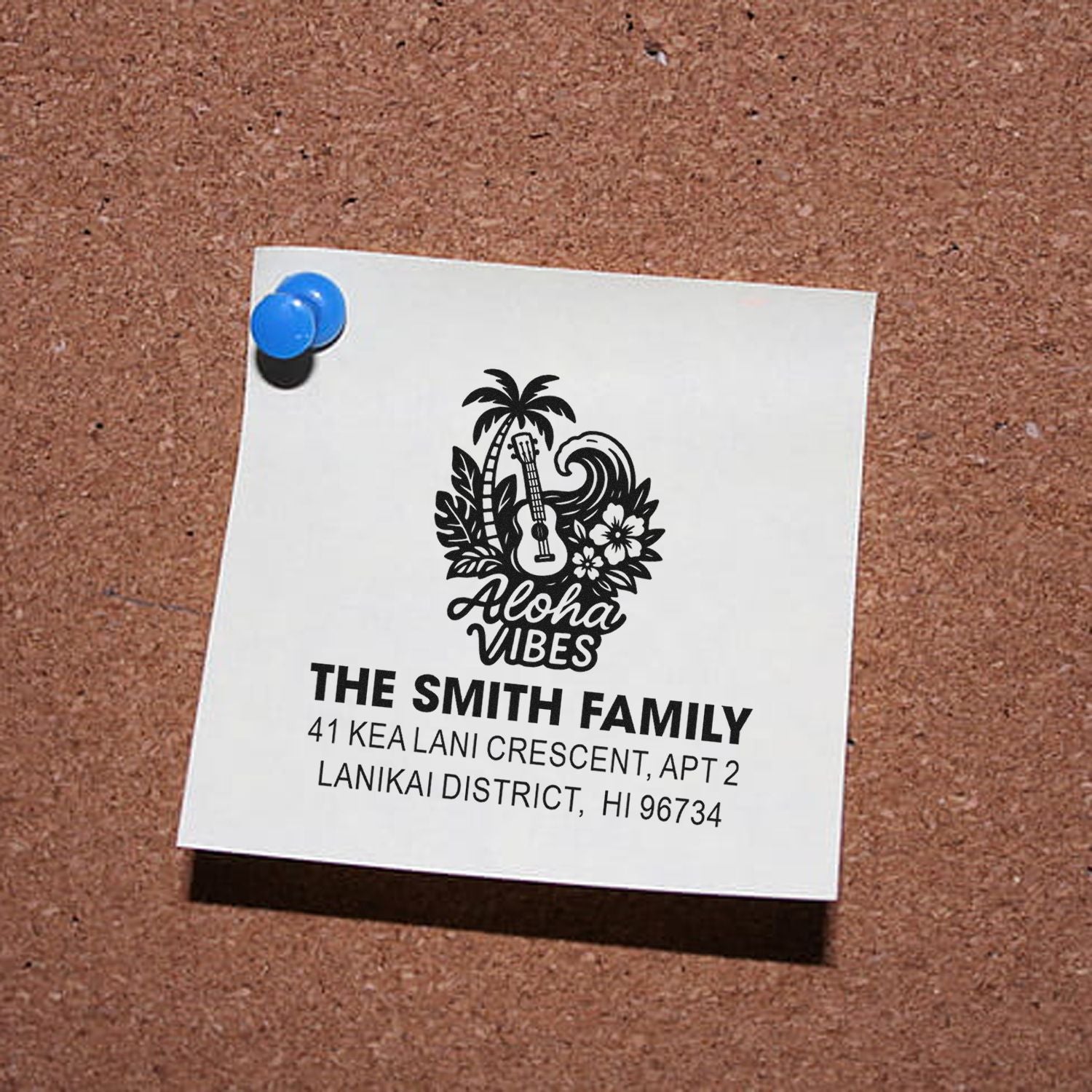 Custom rubber stamp return address with Aloha vibes, palm tree, ukulele and family address on pinned note.