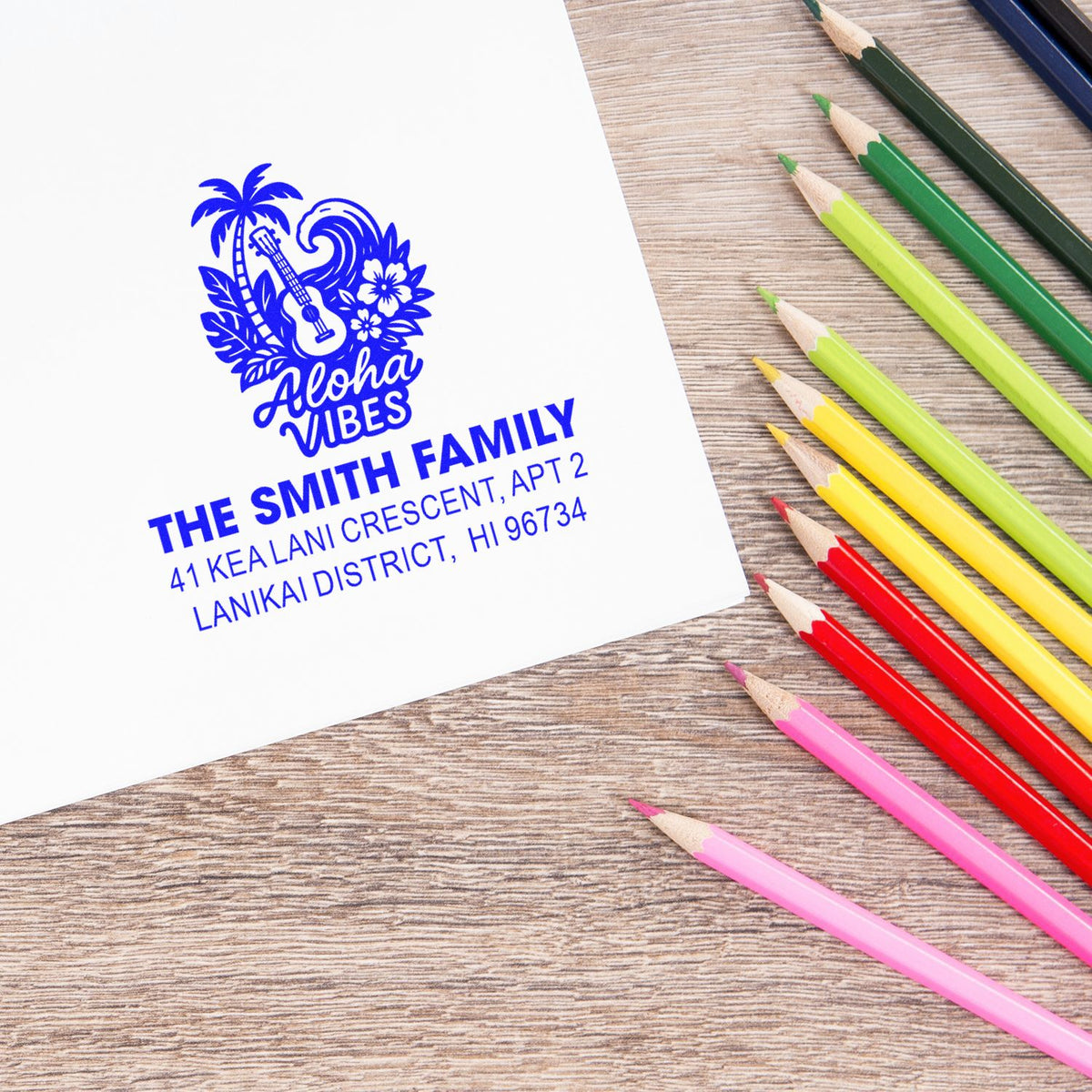 Custom rubber stamp return address with Aloha Vibes tropical design for personalized mail and stationery.