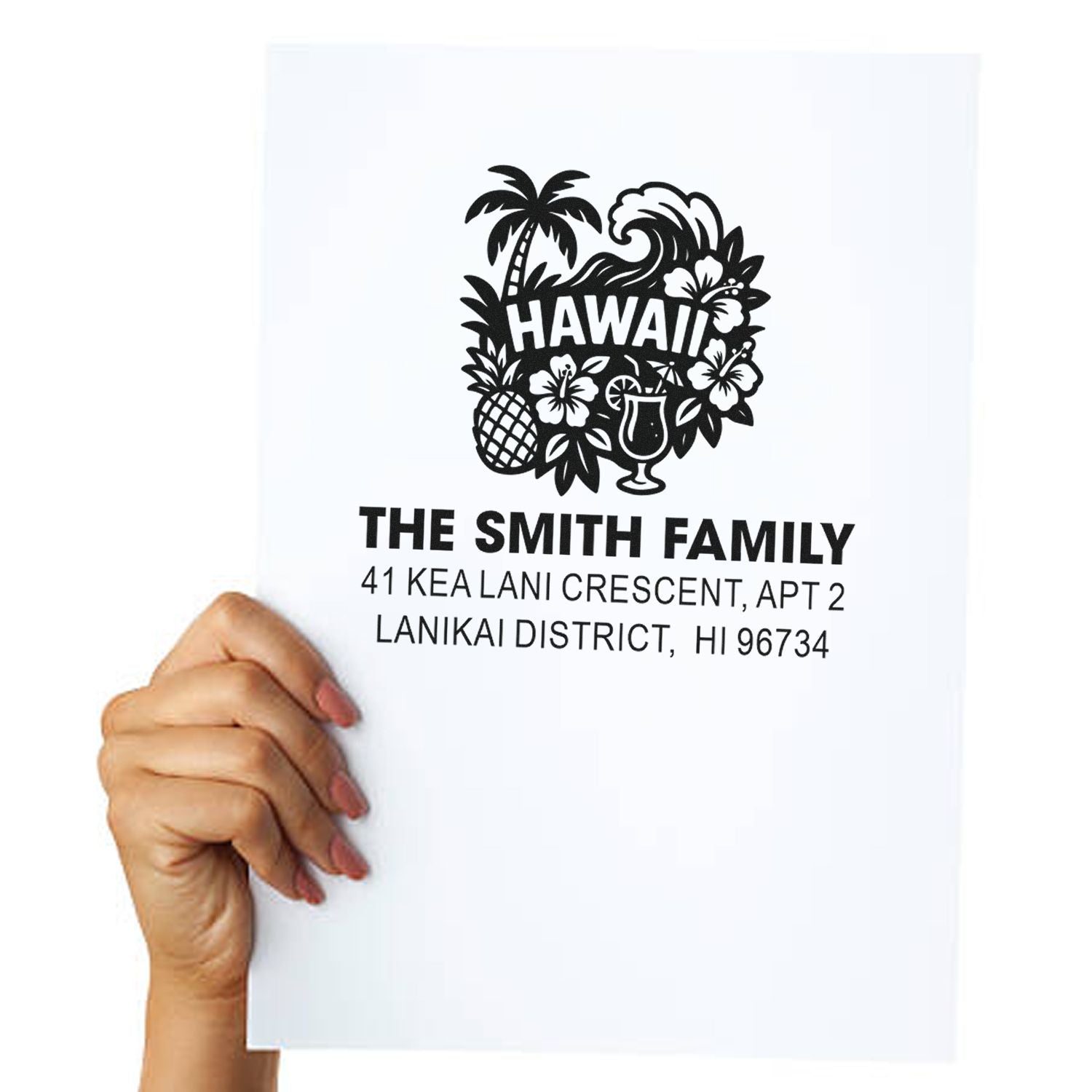 Personalized Hawaii family address rubber stamp with tropical floral design, name, and mailing address.