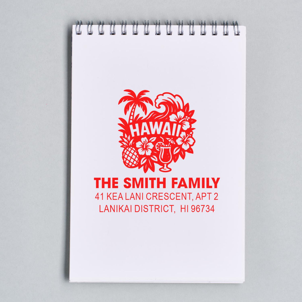 Custom Hawaii return address rubber stamp with tropical design for The Smith Family, Lanikai District address.
