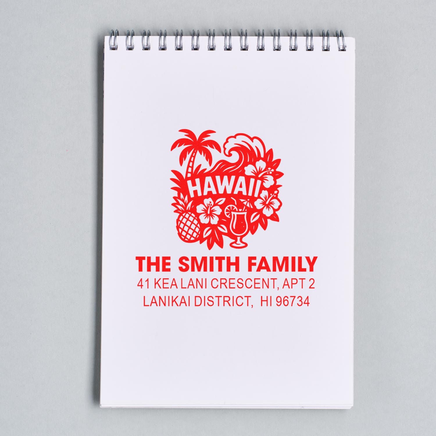 Custom Hawaii family return address rubber stamp with tropical palm design for personalized mail