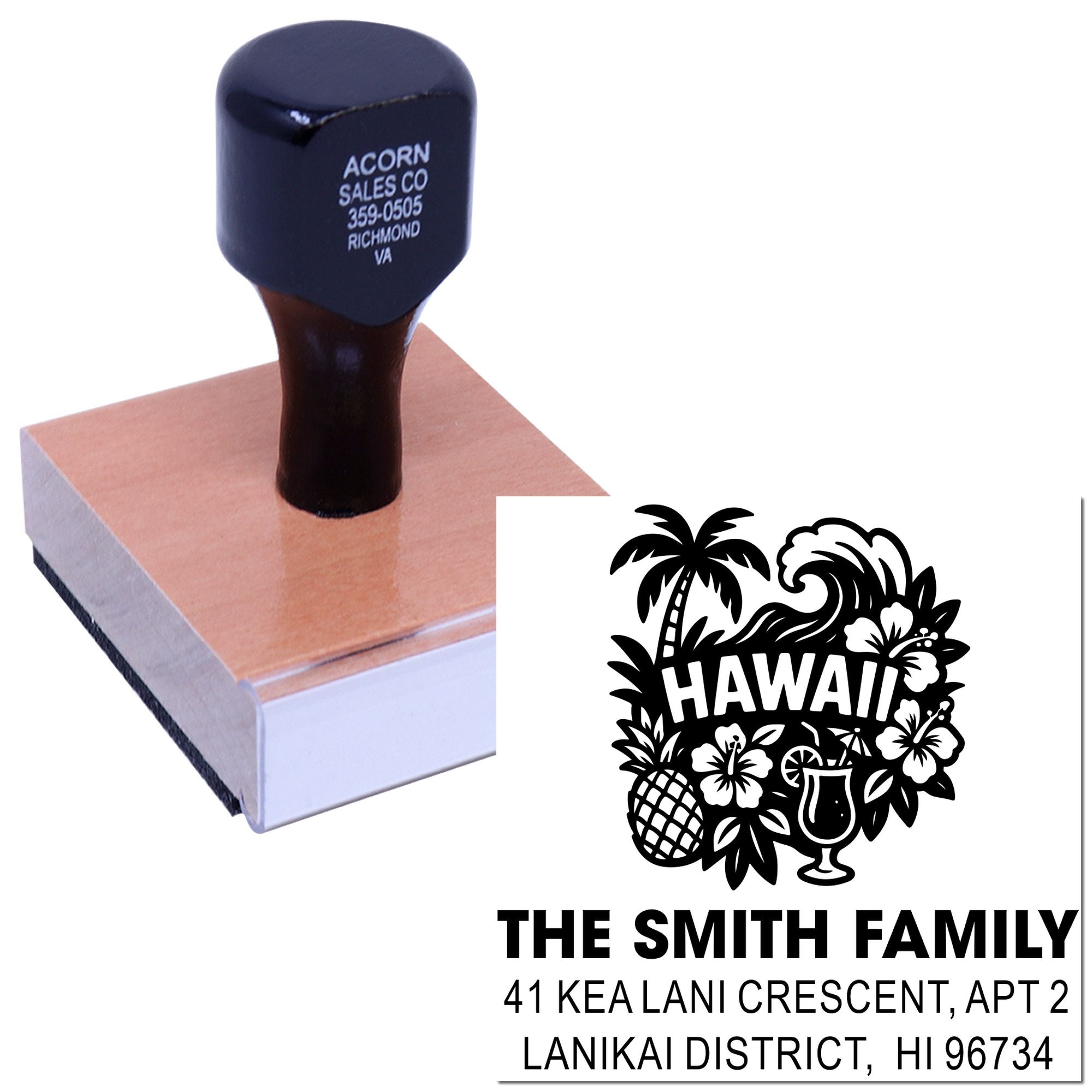 Custom Hawaii address rubber stamp with tropical family design for envelopes, mailing, and personalized correspondence.