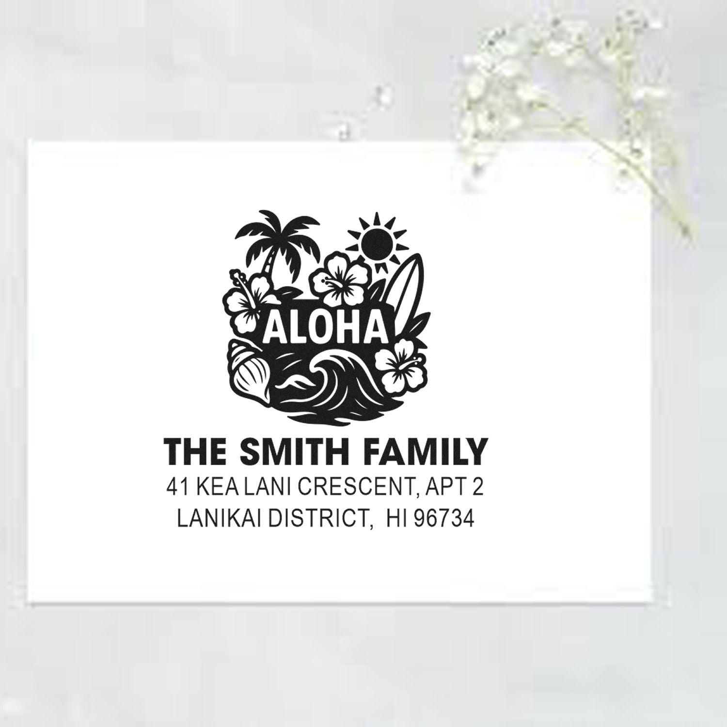 Custom aloha return address rubber stamp with tropical beach design for family mailings and personalized envelopes.