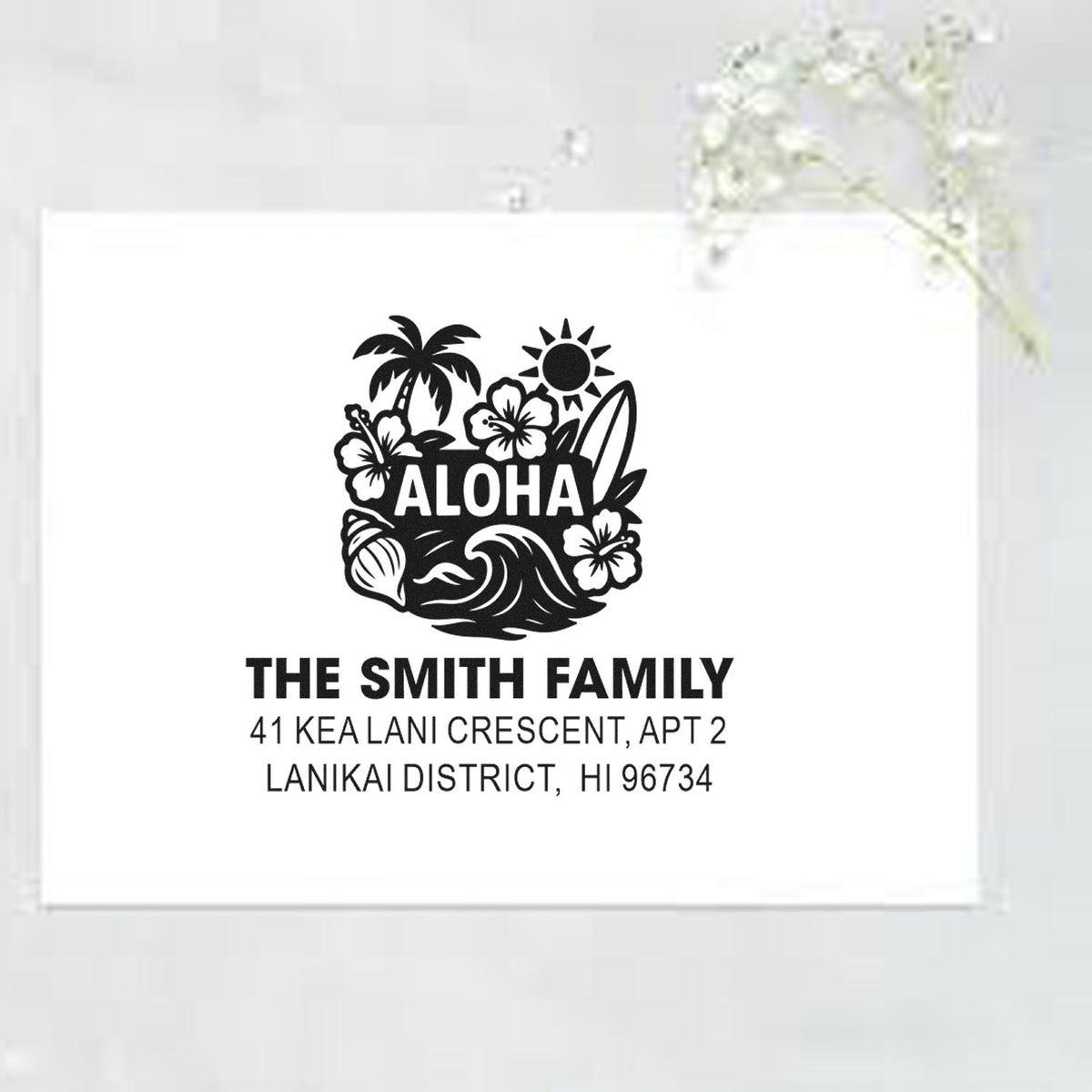 Custom tropical family address rubber stamp with aloha design, surf, palm trees and hibiscus for the Smith family.