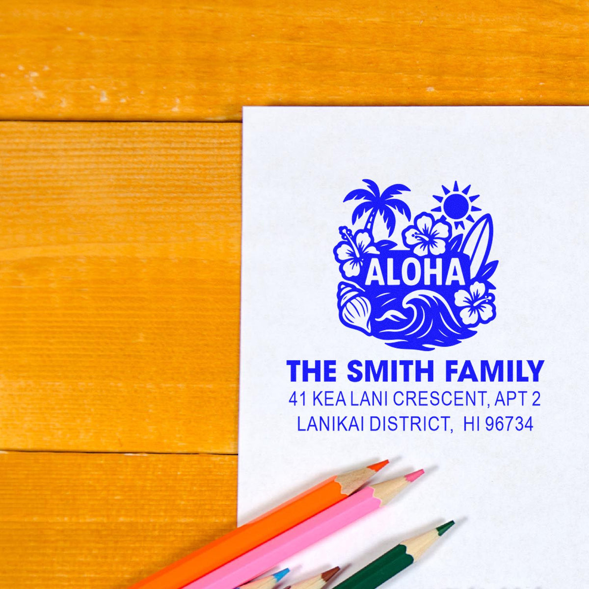 Custom tropical return address rubber stamp with aloha design, The Smith Family name, and Hawaiian address on paper.