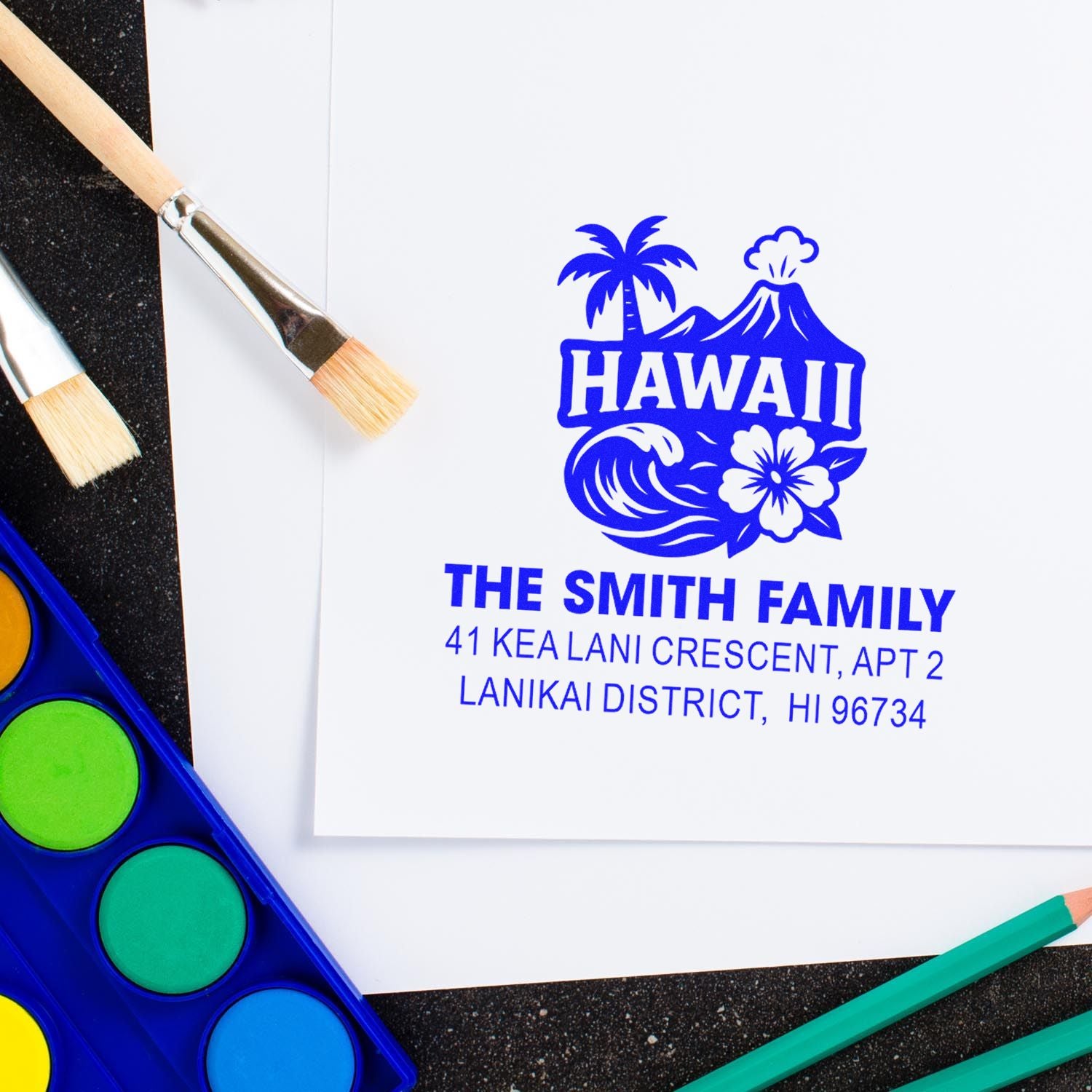 Custom Hawaii family return address rubber stamp with palm, wave and hibiscus design for personalized stationery.
