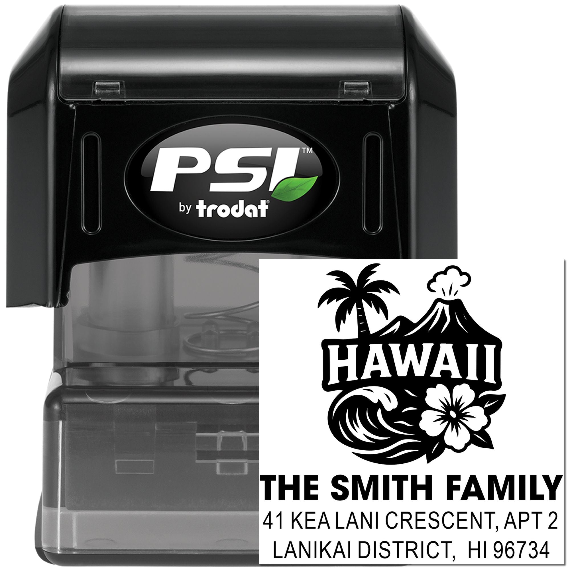 Custom self-inking rubber address stamp with Hawaii family design for personalized return addresses and mailing labels.