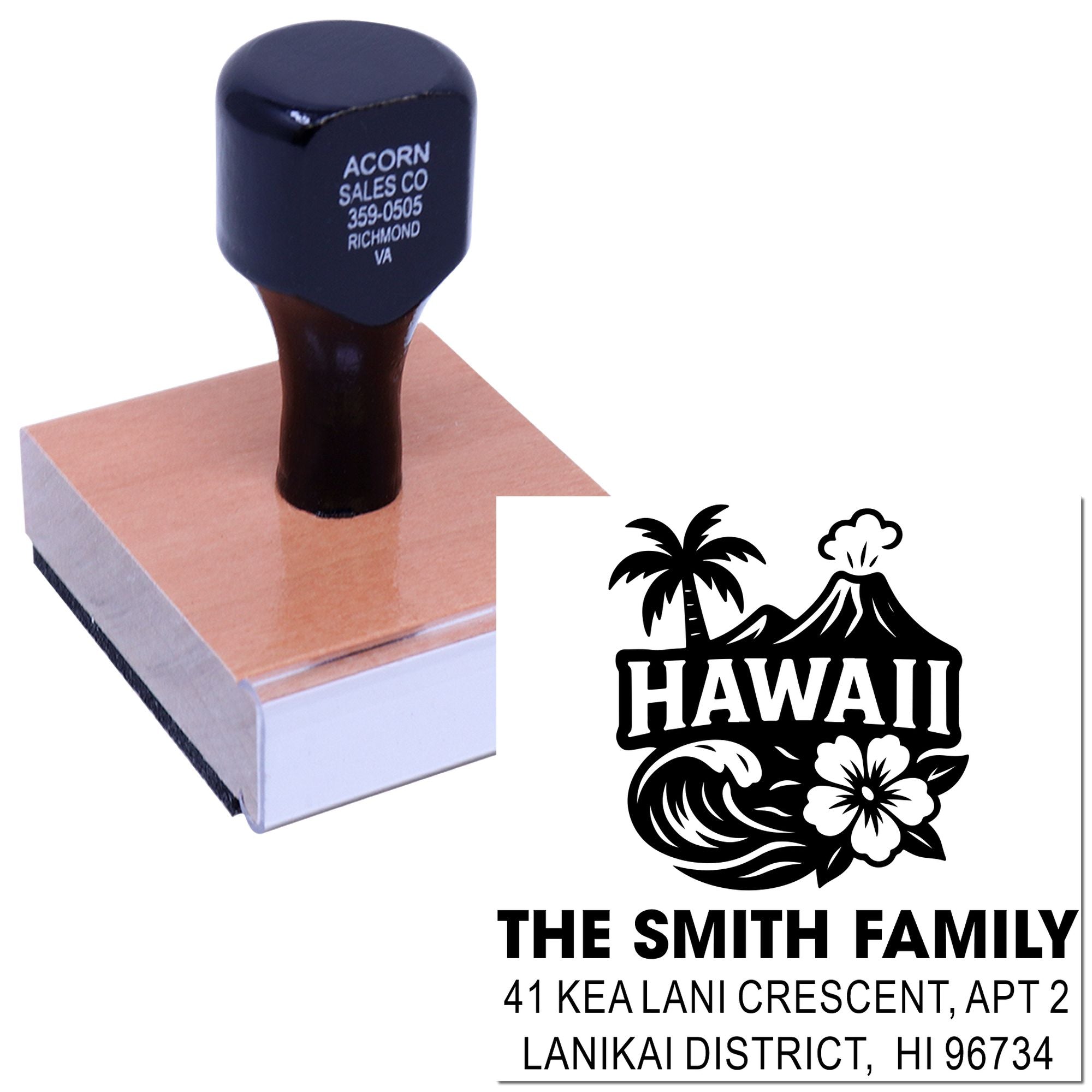 Personalized Hawaii return address rubber stamp with palm tree design for mailing envelopes and stationery.