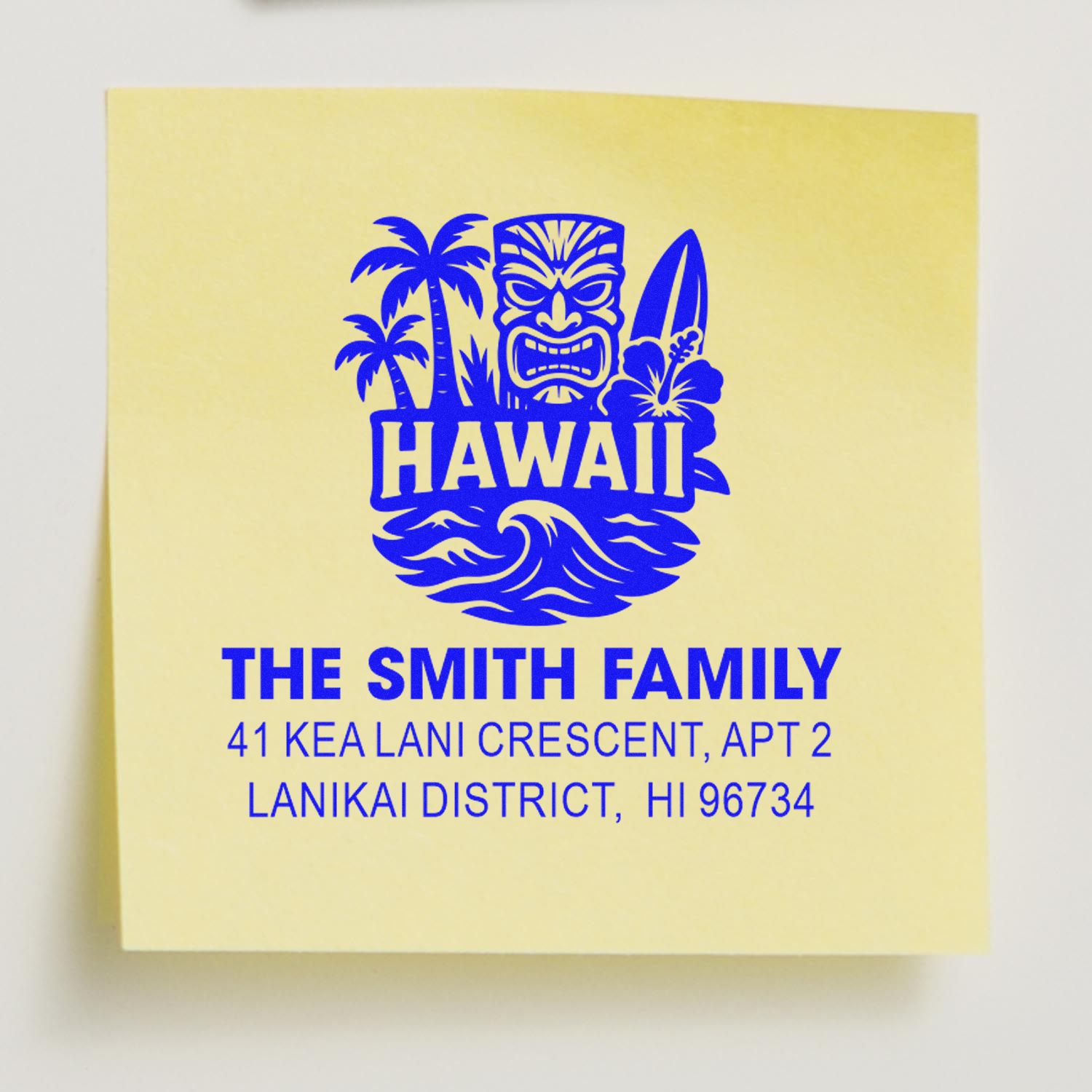 Custom Hawaii address rubber stamp for The Smith Family, featuring tiki, palm trees, surfboard and wave design.