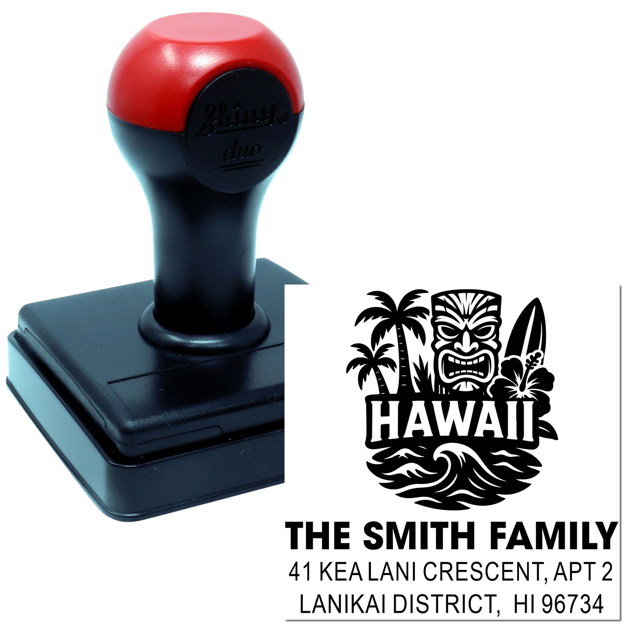 Custom self-inking rubber stamp with Hawaii tiki design and return address for The Smith Family, perfect for personalized mail.