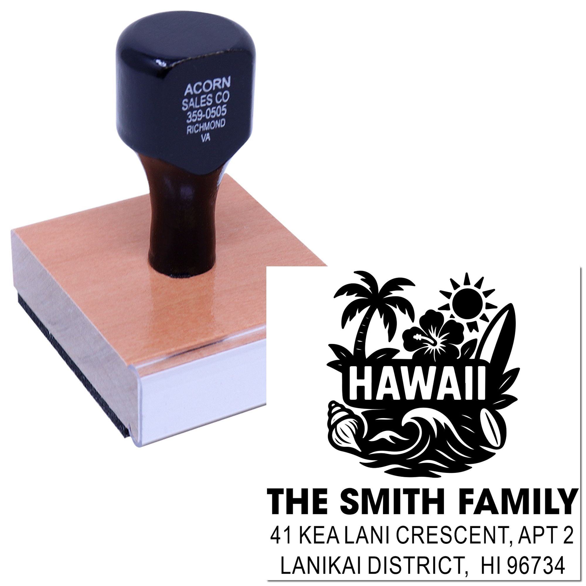 Custom return address rubber stamp with Hawaii family design, palm tree and surf graphics for personalized mail.