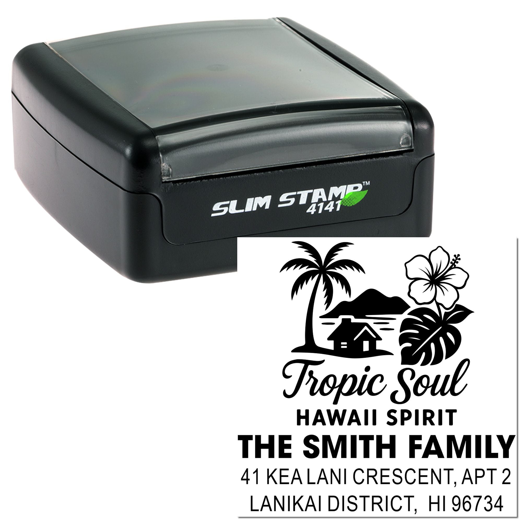Self-inking Hawaii-themed custom rubber stamp with tropical palm and hibiscus art for family return address labels.
