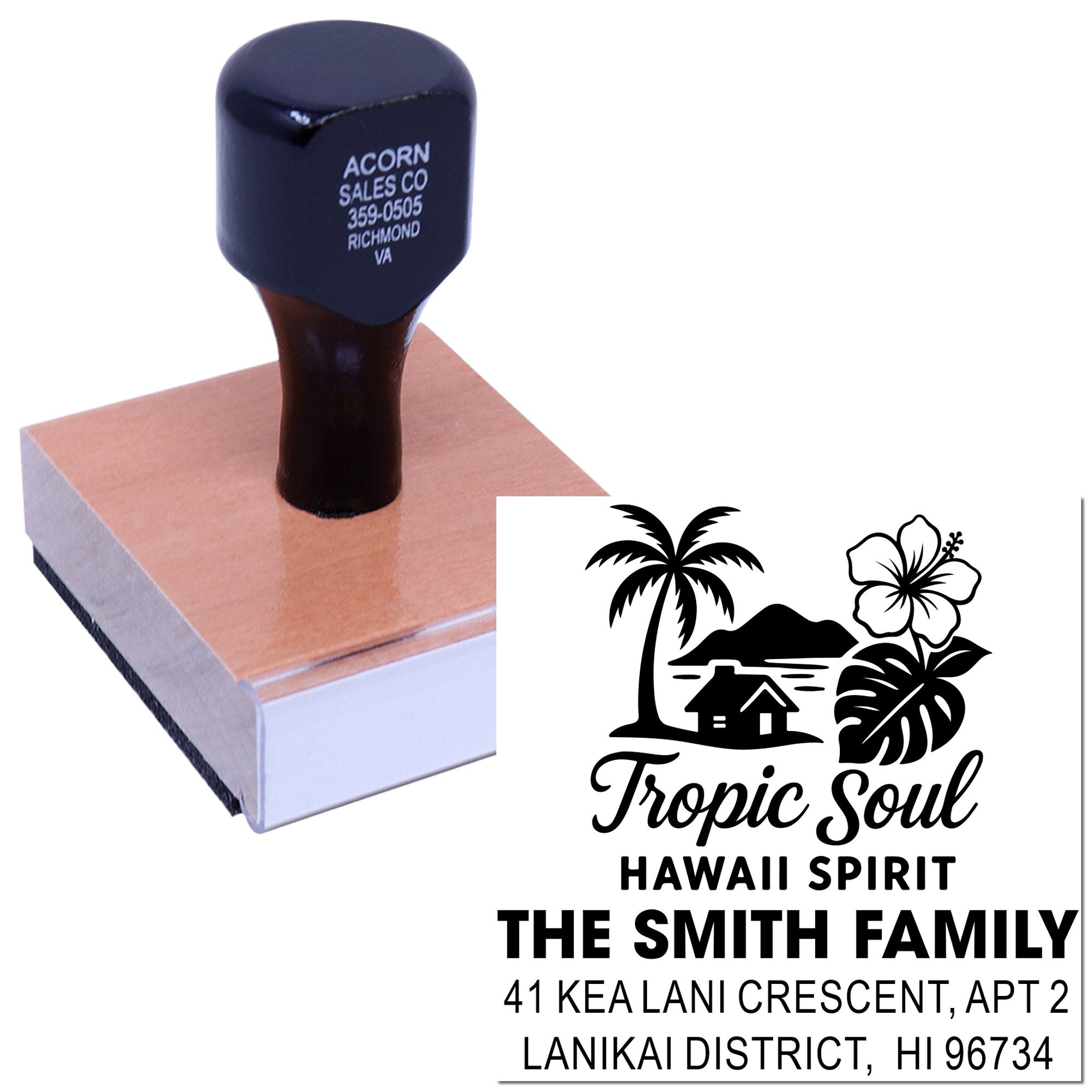 Custom tropical return address rubber stamp for The Smith Family, featuring a Hawaii Spirit design.