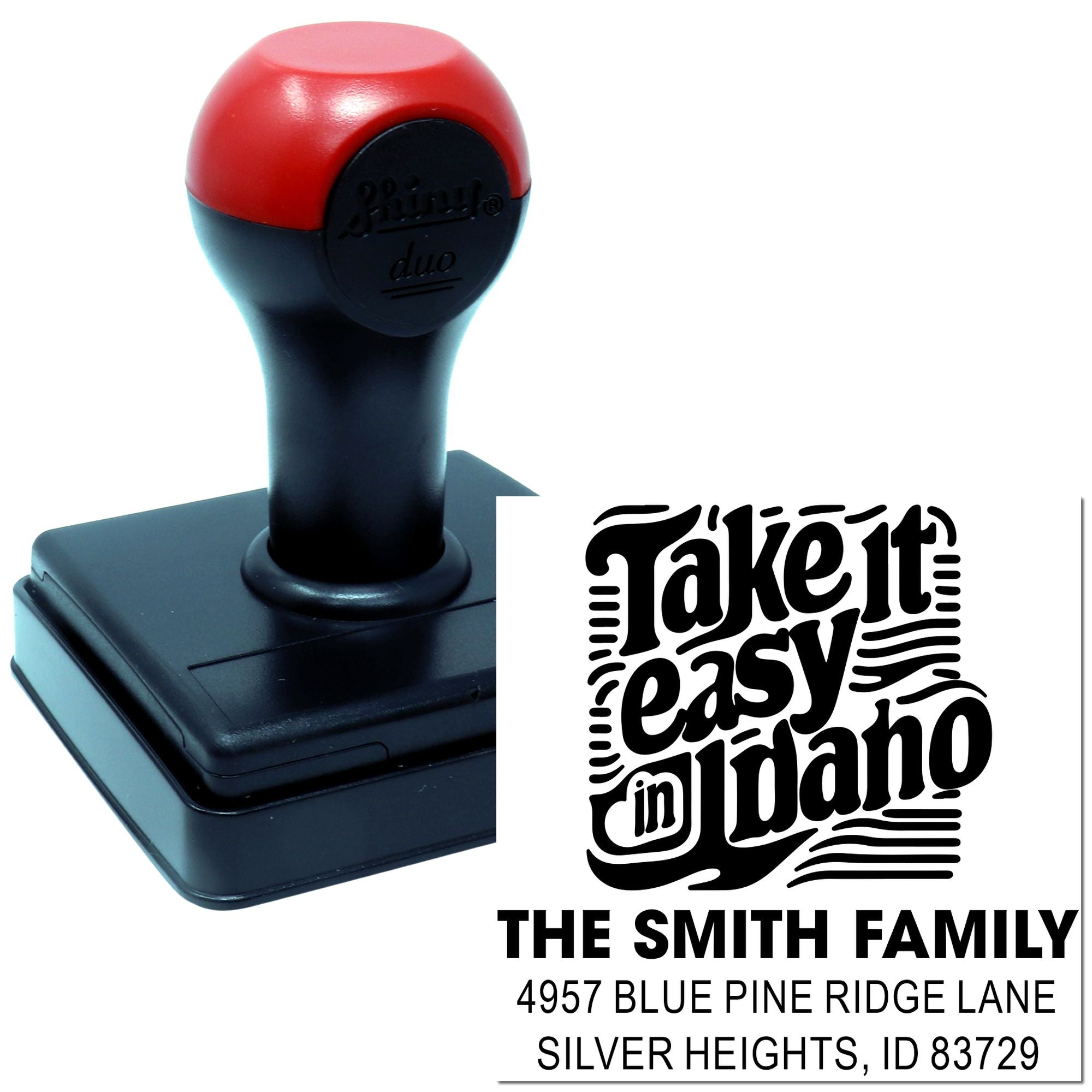 Custom self-inking rubber address stamp for personalized family return addresses on envelopes and mail.