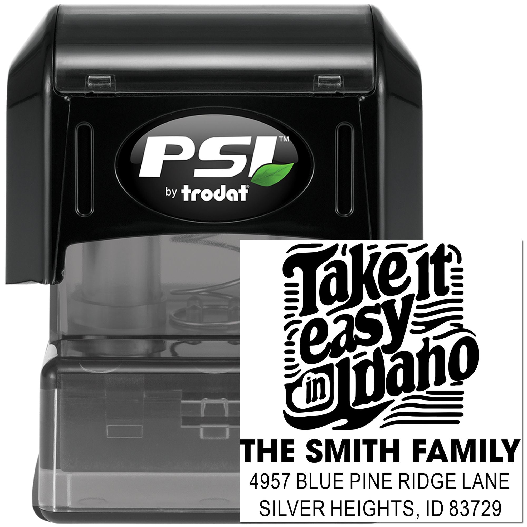 Custom self-inking rubber address stamp with Take it easy in Idaho design and Smith family return address