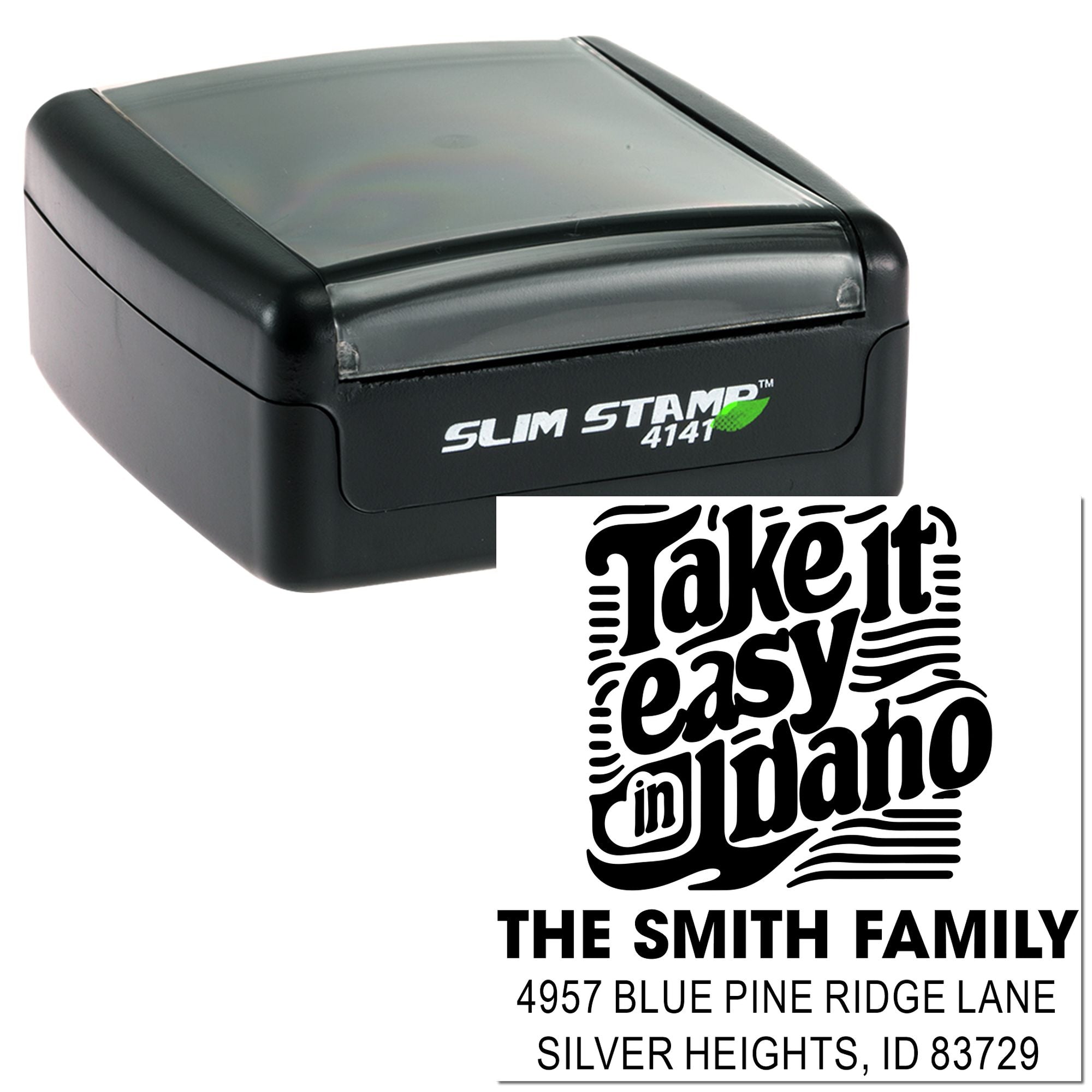 Slim Stamp 4141 custom rubber address stamp featuring Take it easy in Idaho design for The Smith Family mailing labels.