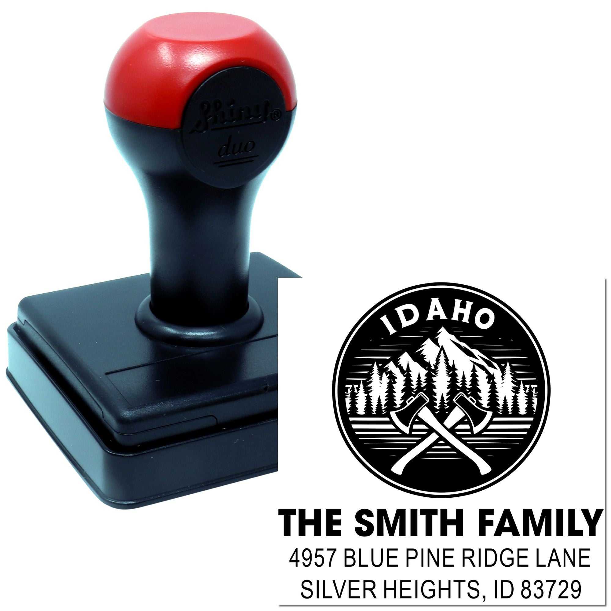 Custom return address rubber stamp with Idaho family logo, The Smith Family name, and Silver Heights, ID address.