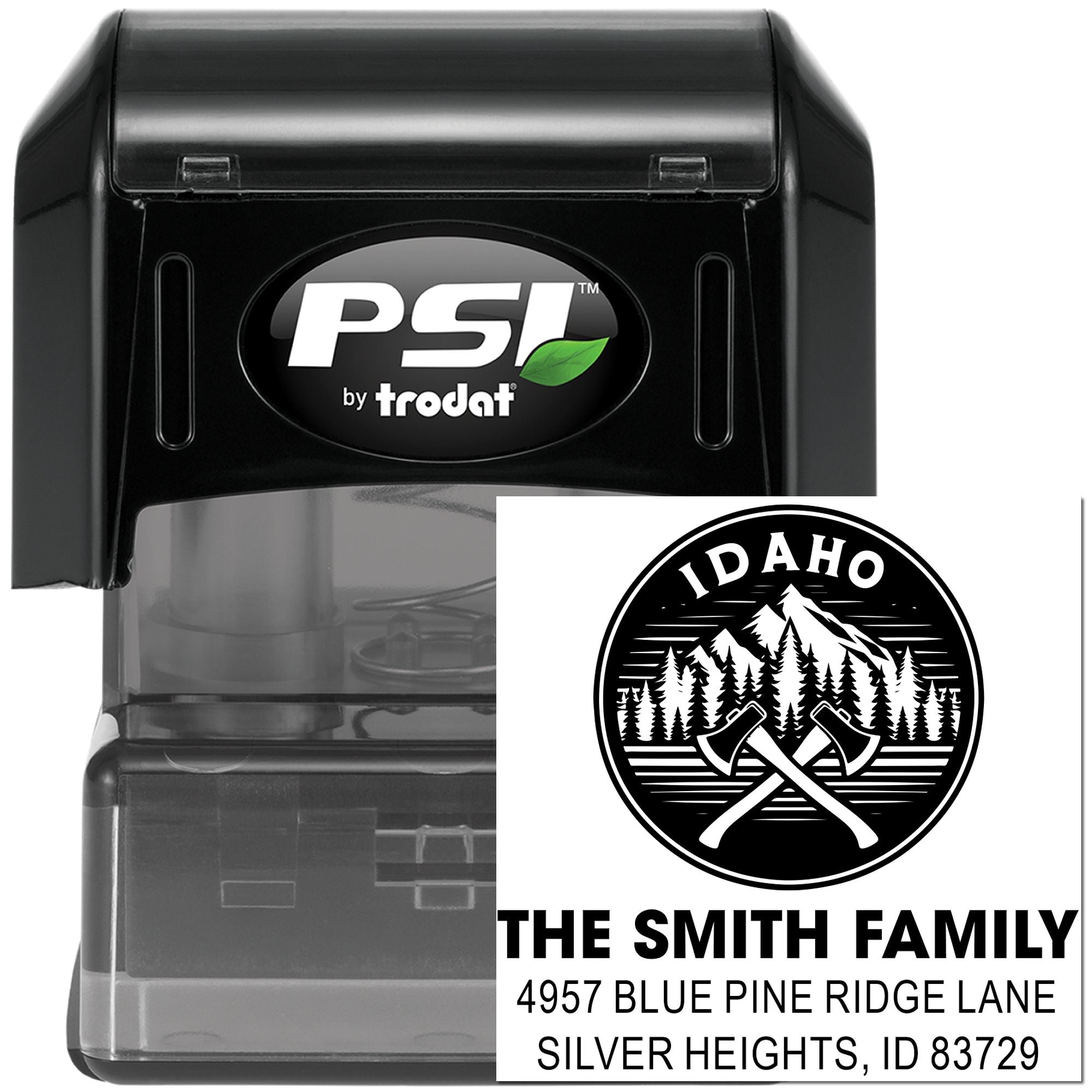 Personalized self-inking rubber address stamp for Idaho family mailings with custom logo and return address.